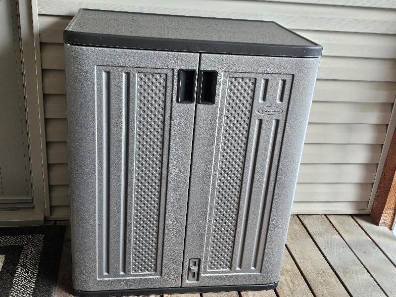 Suncast Base Storage Cabinet for Garage Organization - 9 Cu. Ft. Lockable 2-Shelf Organizer for Garden Supplies, Paint Cans & Outdoor Tools, Multi-Wall Resin Construction, Platinum customer photo 1