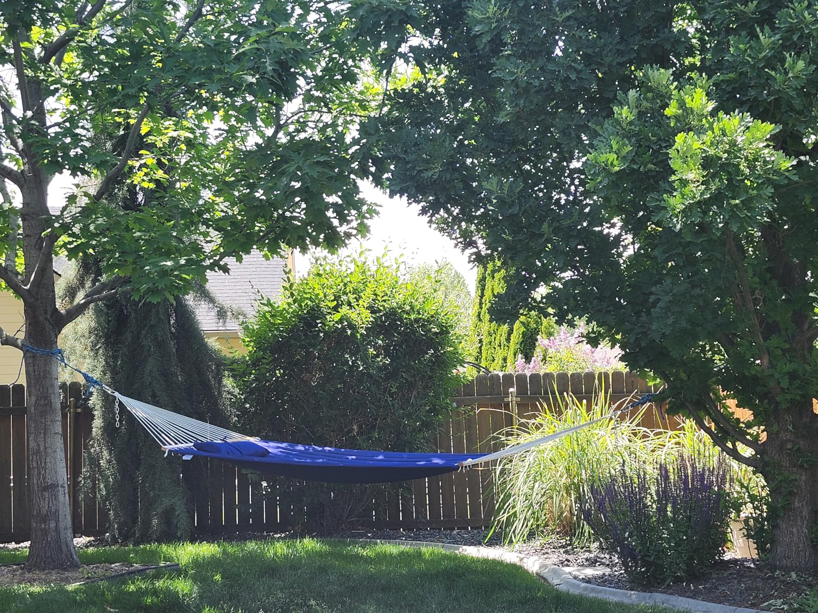 Lazy Daze Hammocks 12 FT Double Quilted Fabric Hammock with Spreader Bar and Detachable Pillow, 2 Person Hammock for Outdoor Patio Backyard Poolside, 450lbs Weight Capacity, Natural customer photo 1