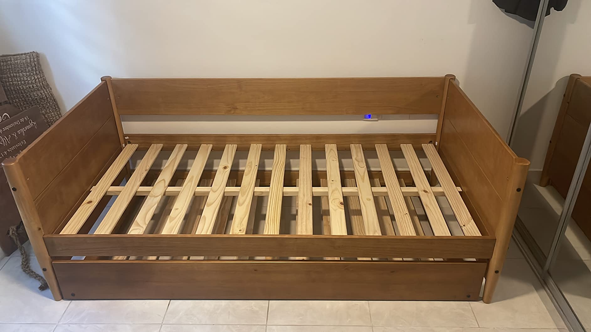Camaflexi Mid-Century Modern Daybed & Trundle/Solid and Manufactured Wood/Panel Headboard/No Box Spring Needed/Foundation has 14 Wood Slats/Twin Trundle/Easy Assembly, Castanho Finish, Twin customer photo 1