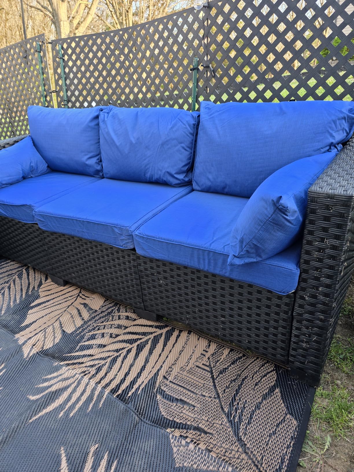 Rattaner 3-Seat Patio Wicker Sofa, Outdoor Rattan Couch Steel Frame with Furniture Cover and Deep Seat High Back, Blue Anti-Slip Cushion customer photo 1