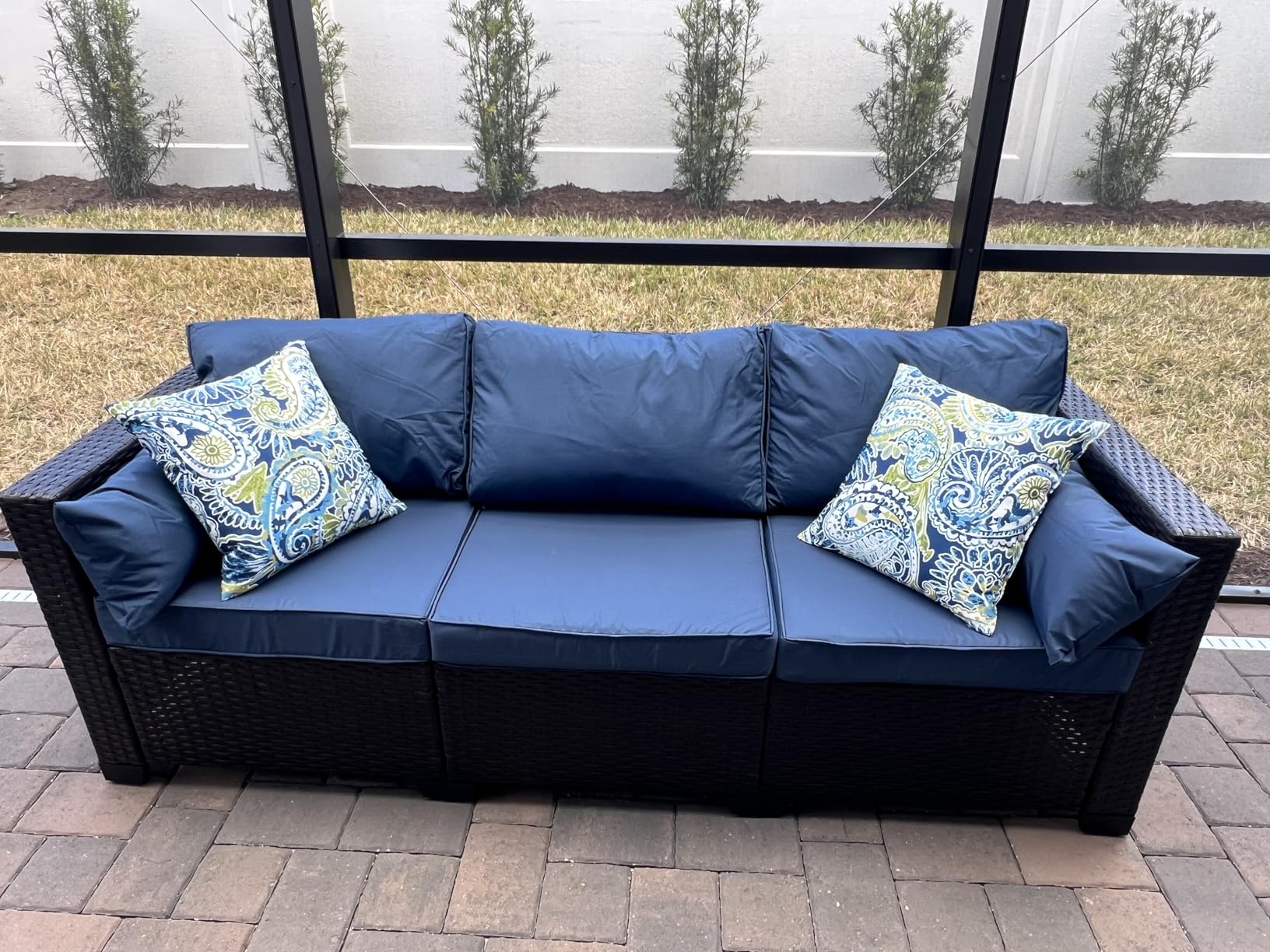 Rattaner 3-Seat Patio Wicker Sofa, Outdoor Rattan Couch Steel Frame with Furniture Cover and Deep Seat High Back, Blue Anti-Slip Cushion customer photo 2