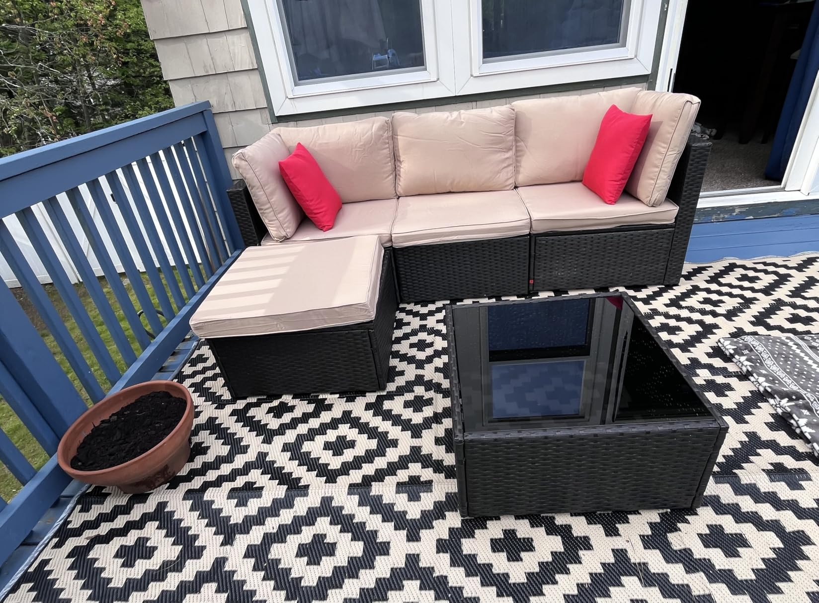 Vongrasig 5 Piece Patio Furniture Sets, Outdoor Patio Set Sectional Sofa, All-Weather PE Rattan Outdoor Couch with Ottoman, Glass Table for Garden, Backyard, Porch, Beige customer photo 2