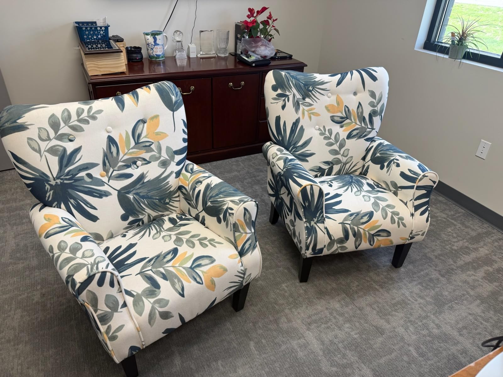 BELLEZE Modern Accent Chair, High Back Armchair, Upholstered Wingback Side Chair, Padded Single Sofa with Wooden Legs for Living Room, Bedroom - Green Blue Floral customer photo 1