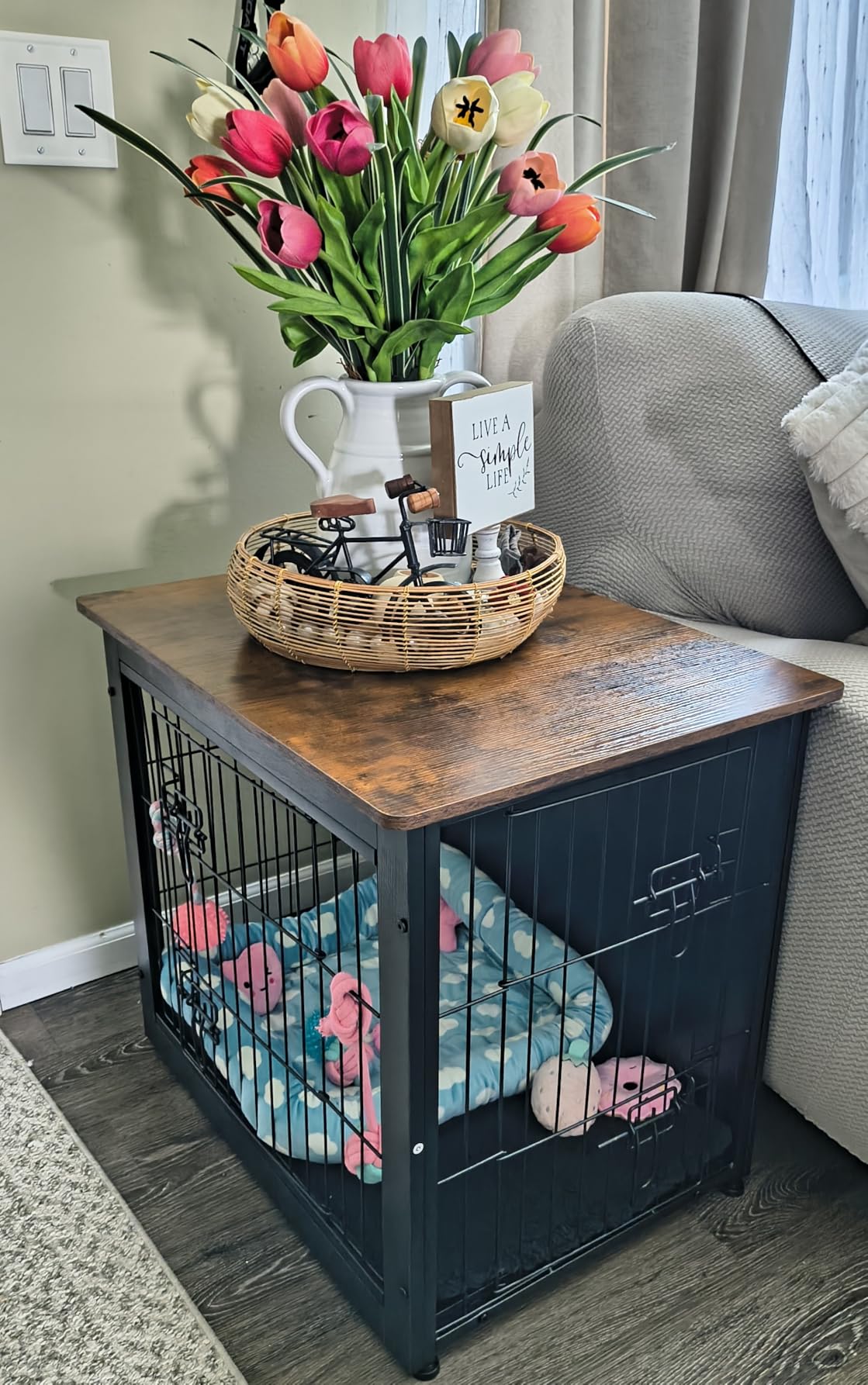 DWANTON Dog Crate Furniture with Cushion, Wooden Kennel Table with Double Doors, Indoor Dog House, Small/Medium/Large/Extra Large Size, 27.2 L, Rustic Brown customer photo 2