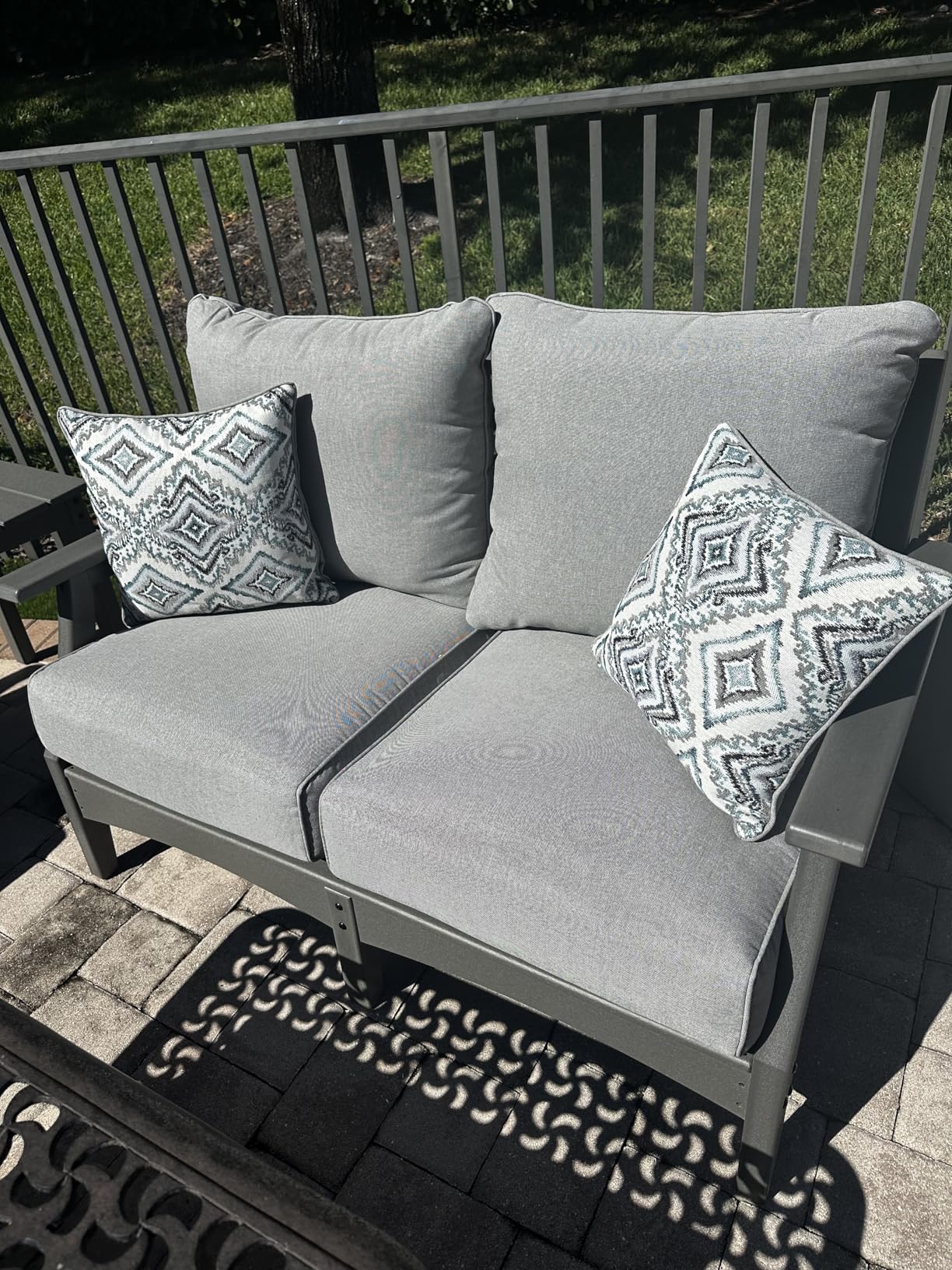Signature Design by Ashley Visola Outdoor Patio Sofa with All-Weather Cushion and 2 Throw Pillows, Cleanable Performance Fabric, 19.88