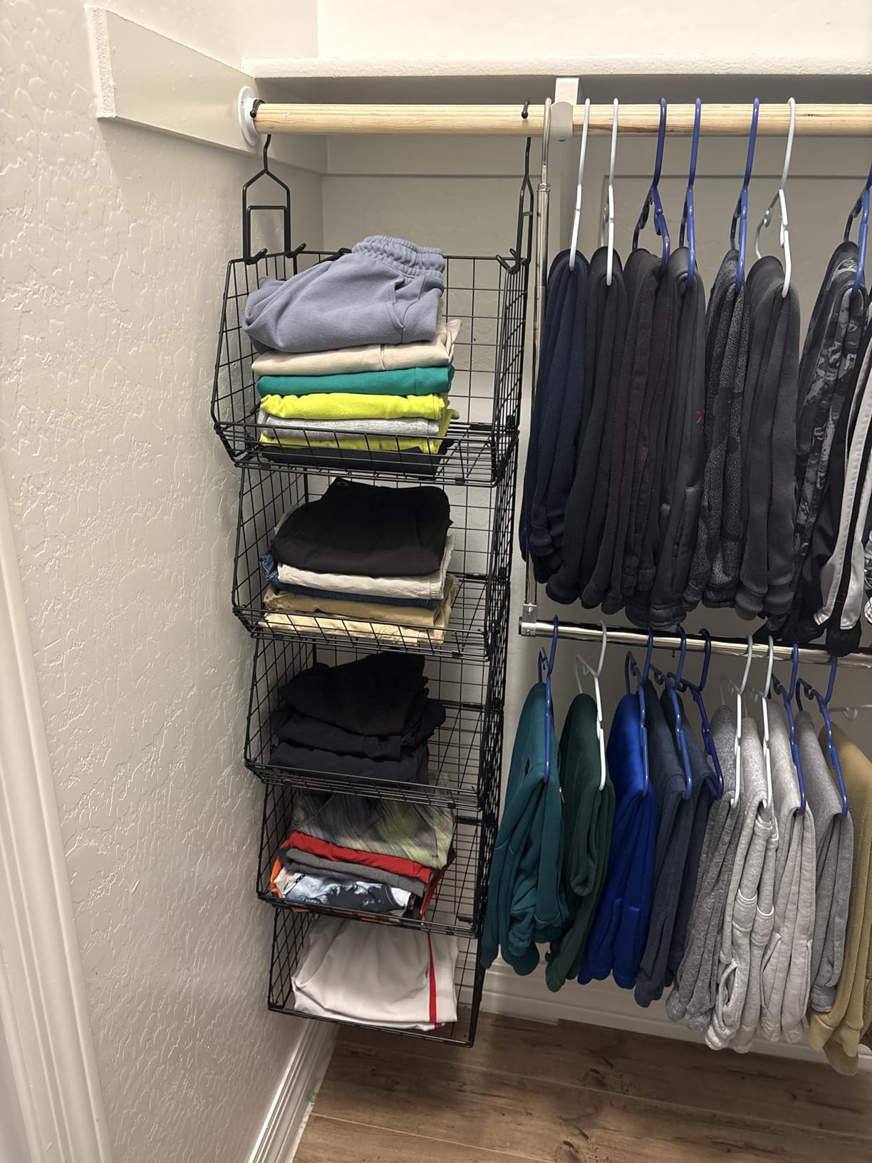 5 Tier Closet Hanging Organizer, Clothes Hanging Shelves with 4 Hanging Hooks 5 S Hooks, Wire Storage Basket Bins, for Clothing Sweaters Shoes Handbags Clutches Accessories Patent Design customer photo 2