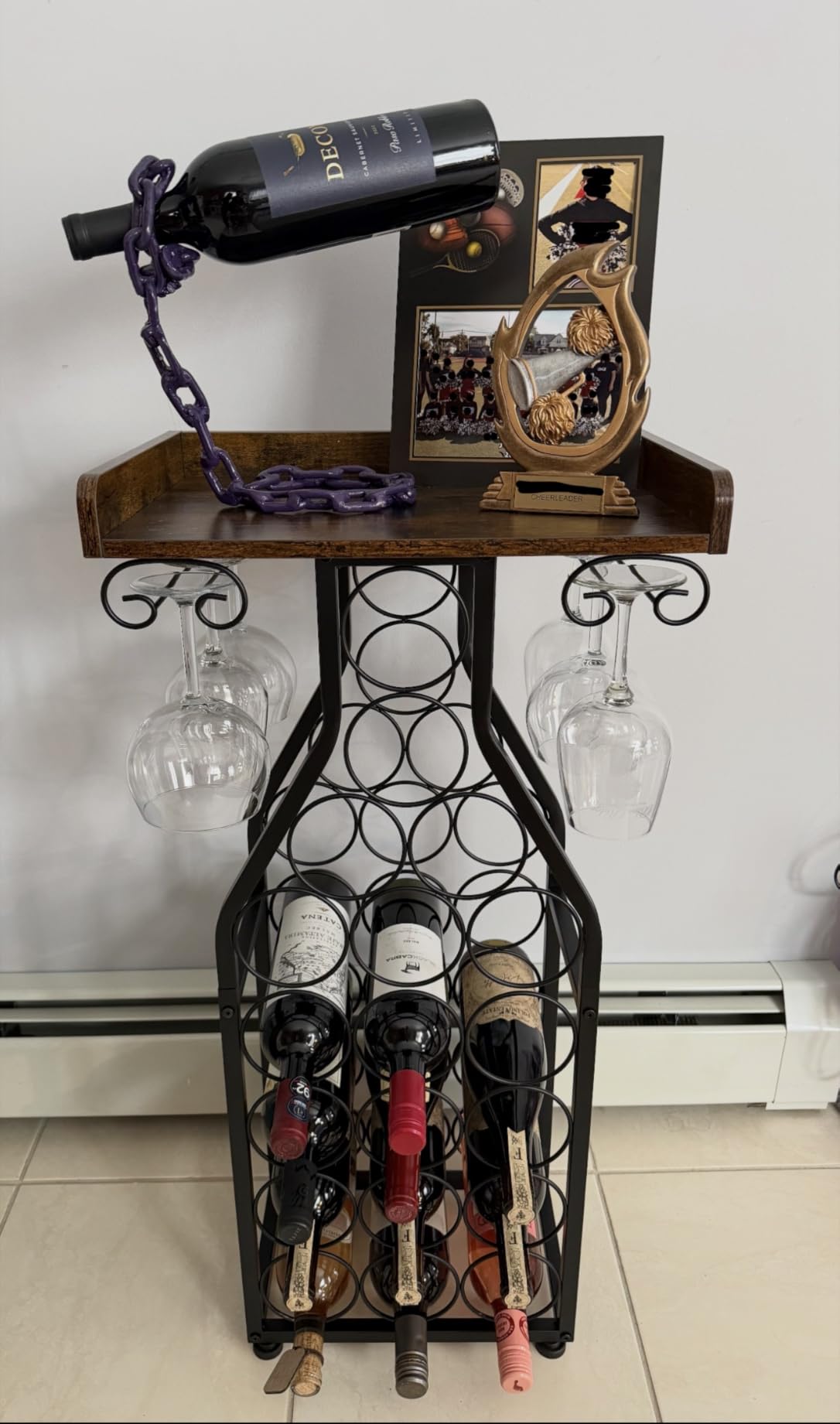 X-cosrack Wine Rack Freestanding Floor, Mini Bar Table Wine Holder Stand Liquor Cabinet with Glass Holder Wood Tabletop 14 Bottles Floor Wine Storage for Home Bar Kitchen Living Room customer photo 1