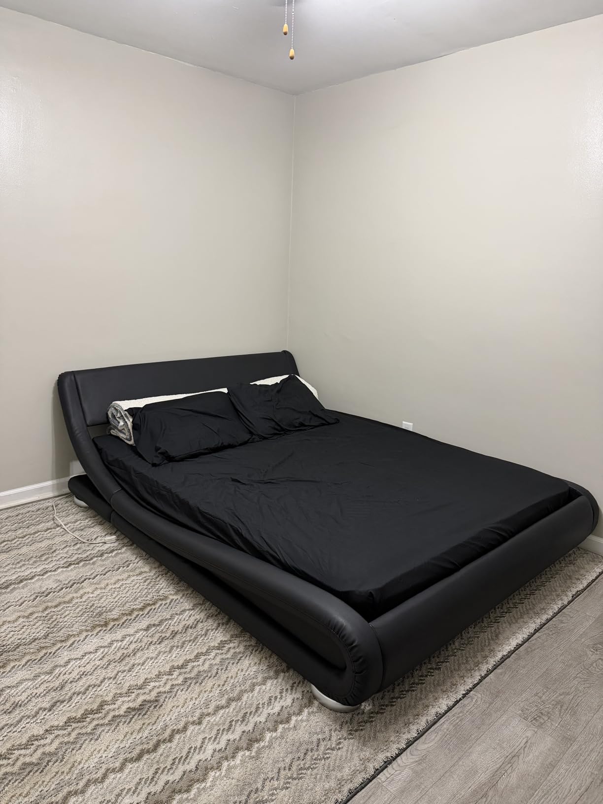 SHA CERLIN Queen Size Upholstered Bed Frame, Deluxe Low Profile Sleigh Bed with Faux Leather Ergonomics Headboard, No Box Spring Needed & Easy Assembly, Black customer photo 1