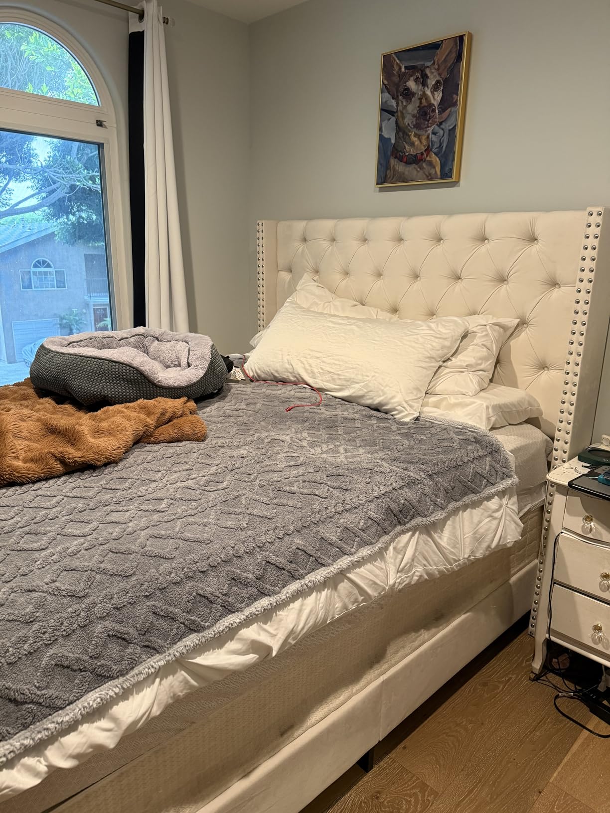 Jocisland Queen Size Bed Frame 61.4 inches Extra Tall Wingback Headboard Velvet Upholstered Deep Button Tufted Platform Bed with Solid Wood Legs and Wood Slats, No Box Spring Needed, Cream customer photo 1