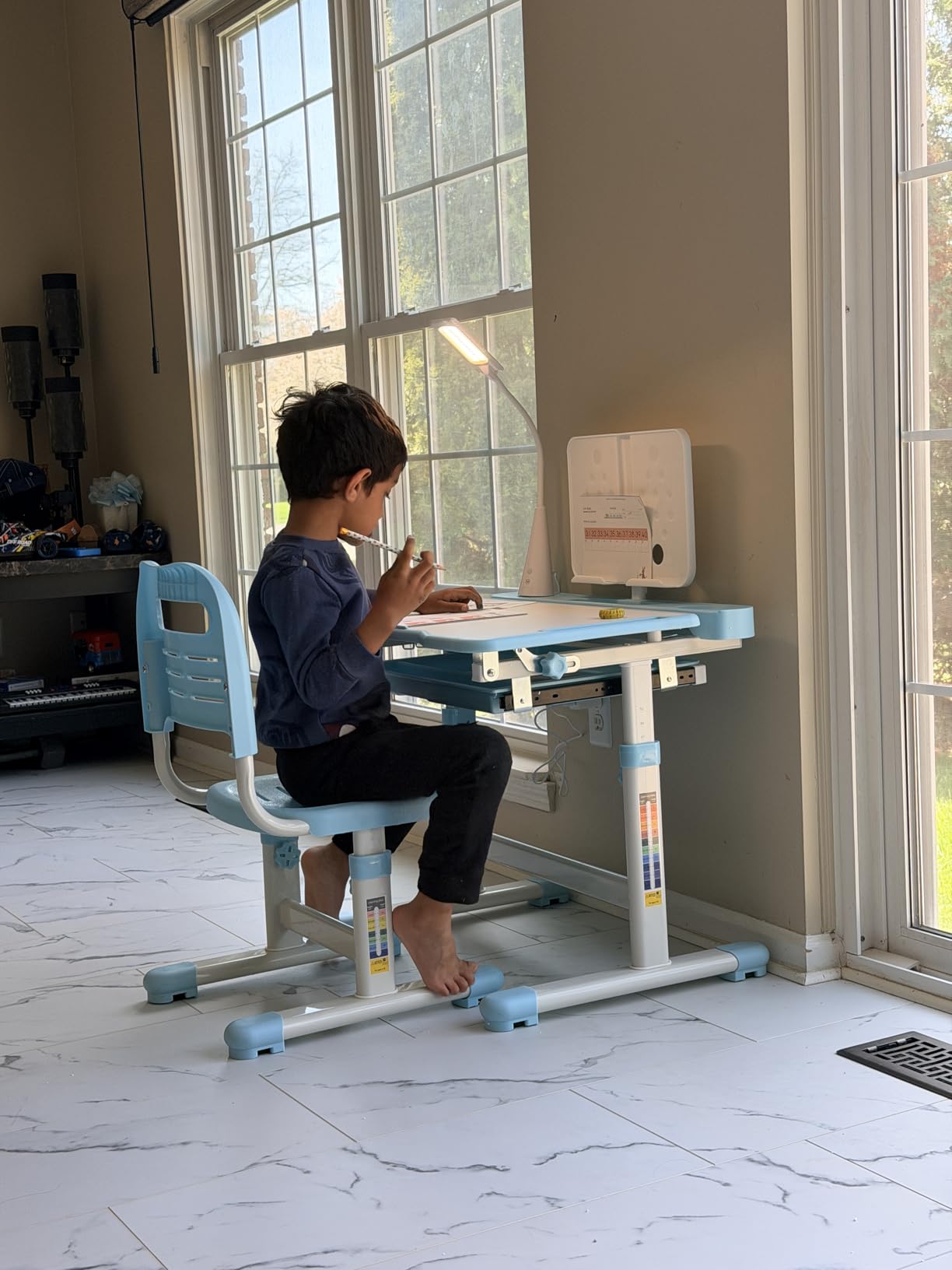 Rengue Kids Desk and Chair Set, Height Adjustable Children School Functional Study Desk with 55° Tiltable Desktop, 3 Modes & Brightness LED Light, Storage Drawer & Metal Hook for Boys Girls (Blue) customer photo 1