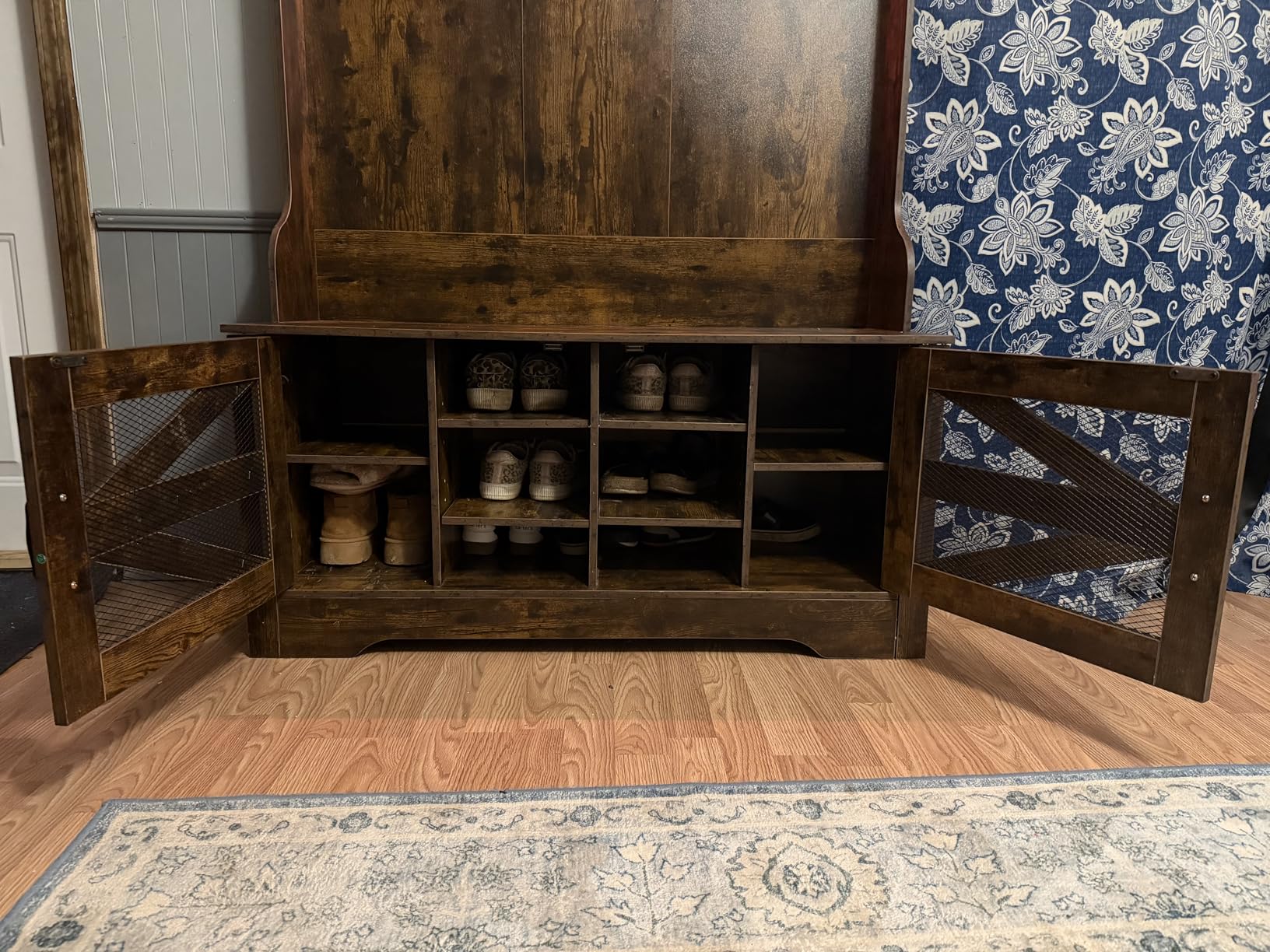 Itaar Hall Tree with Bench and Shoe Storage, 5-in-1 Entryway Bench with Coat Rack, 10 Shoe Cubbies & 9 Coat Hooks, Barn Door & Adjustable Shelf (Rustic Brown) customer photo 1