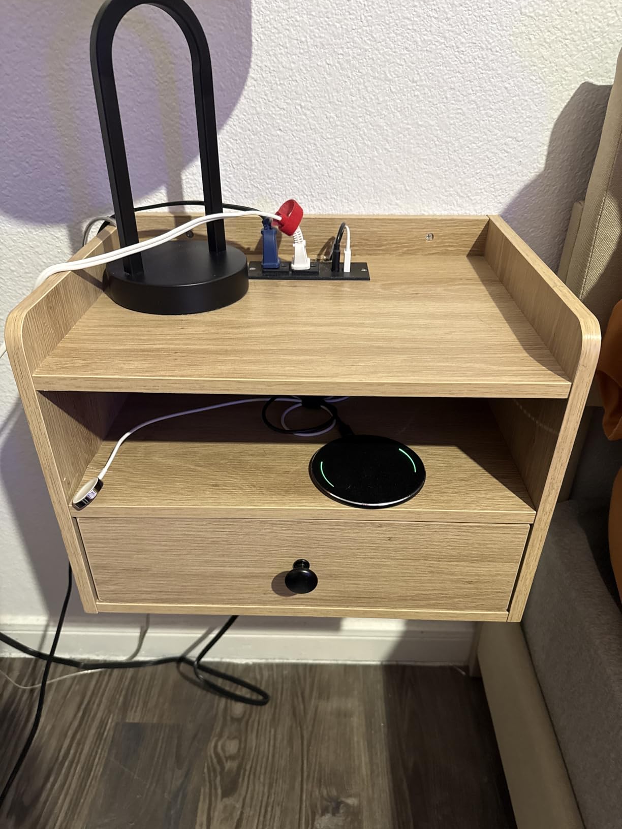 Floating Nightstand Set of 2 Modern Night Stands with Drawer and Open Shelf Cubby Small Bedside End Table with Charging Station Wall Mounted Nightstands Set 2 for Bedroom Brown Walnut customer photo 1