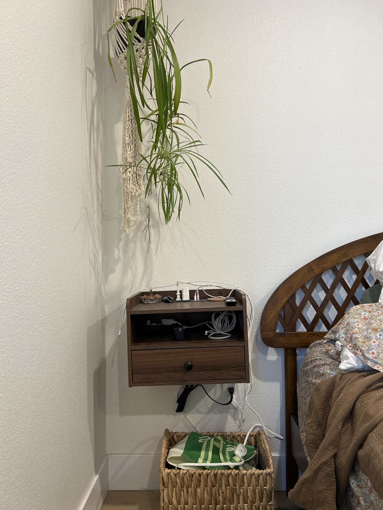 Floating Nightstand Set of 2 Modern Night Stands with Drawer and Open Shelf Cubby Small Bedside End Table with Charging Station Wall Mounted Nightstands Set 2 for Bedroom Brown Walnut customer photo 2