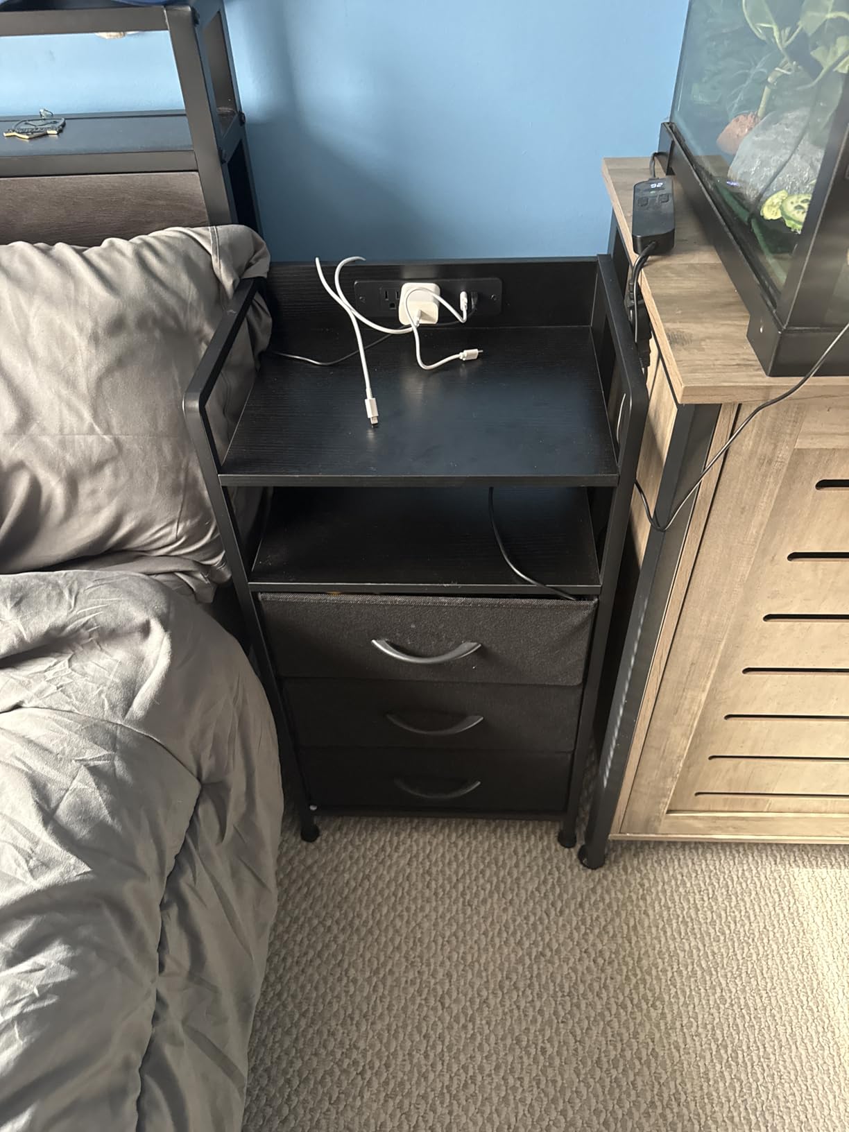 Lazzanto Night Stand Bedside Charger Bedroom - Nightstand with Charging Station & LED Light Strip, Night Stand with Storage Shelf & 2 Fabric Drawers, Morden End Table with U-S-B Ports & AC Outlets customer photo 2