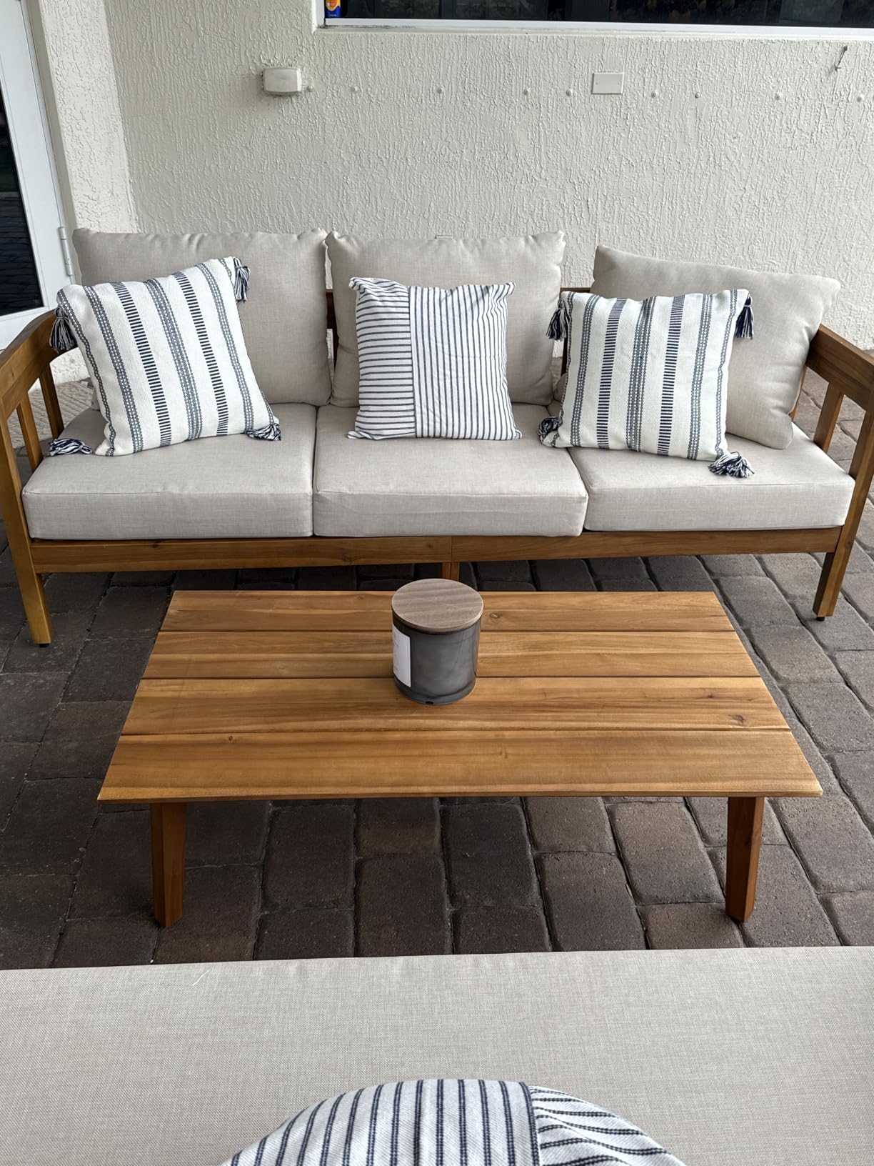 SAFAVIEH Outdoor - Owen 3-Seat Sofa - Natural & Taupe - Solid Wood with Cushion - Mid-Century Coastal Slatted Design - Ideal for Patio, Deck, Porch, Backyard, 15