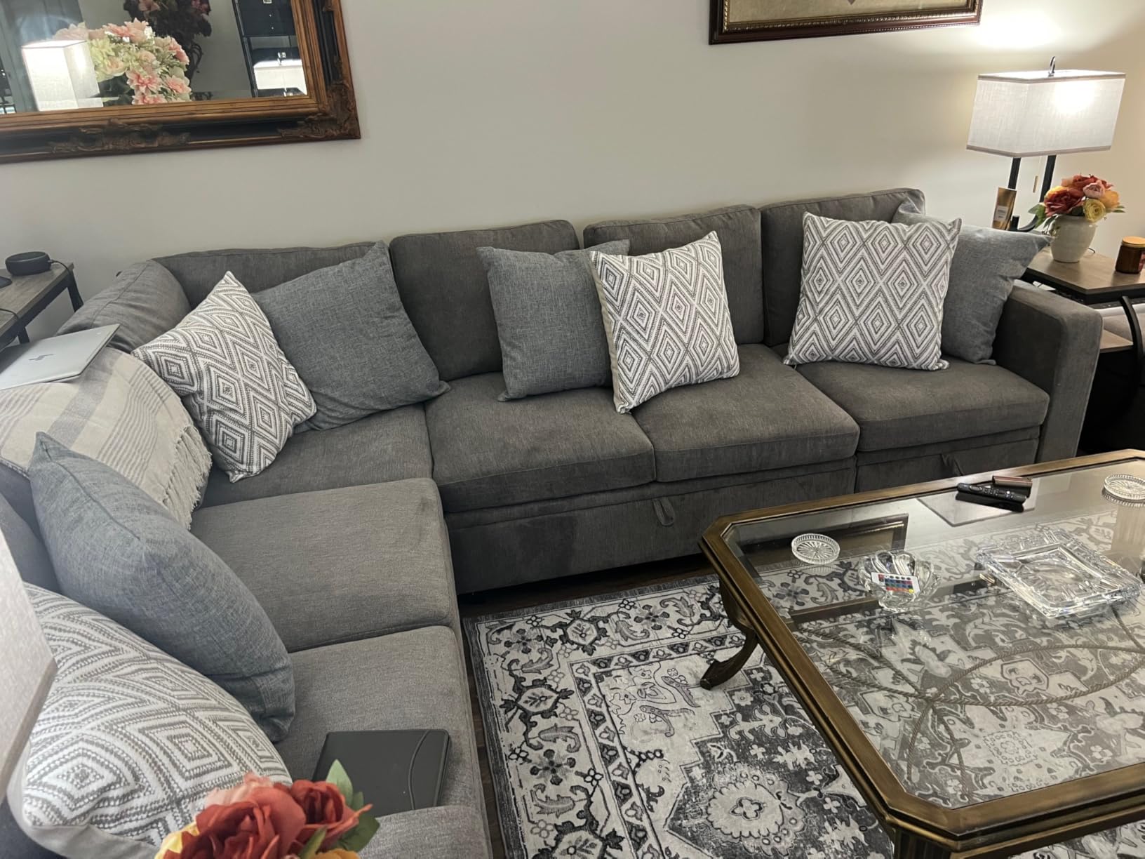 HONBAY Modular Sectional Sleeper Sofa with Pull Out Bed, Corduroy L Shaped Couch with Storage, Sectional Couches for Living Room, Green customer photo 1