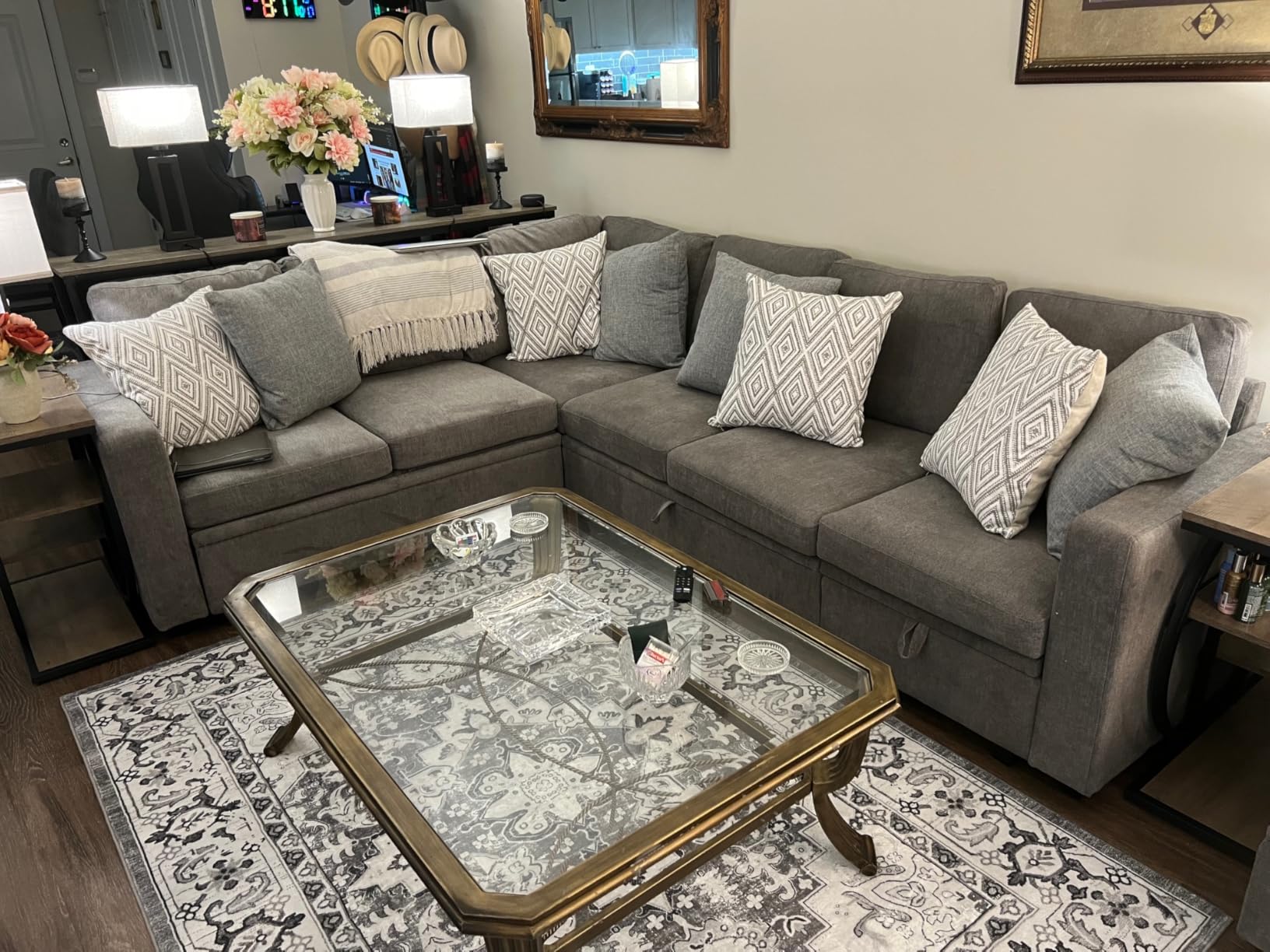 HONBAY Modular Sectional Sleeper Sofa with Pull Out Bed, Corduroy L Shaped Couch with Storage, Sectional Couches for Living Room, Green customer photo 2