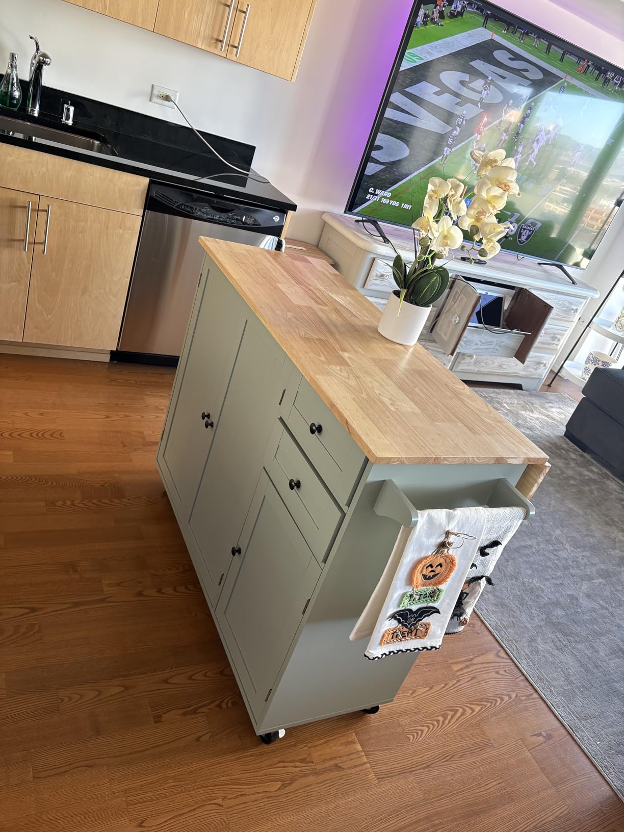 HLR Kitchen Island with Storage, Sage Green Rolling Kitchen Cart on Wheels with Drop-Leaf Bar Countertop, Islands Prep Table with Side Open Spice Rack and Tower Rack, Extra Storage for Kitchen customer photo 1