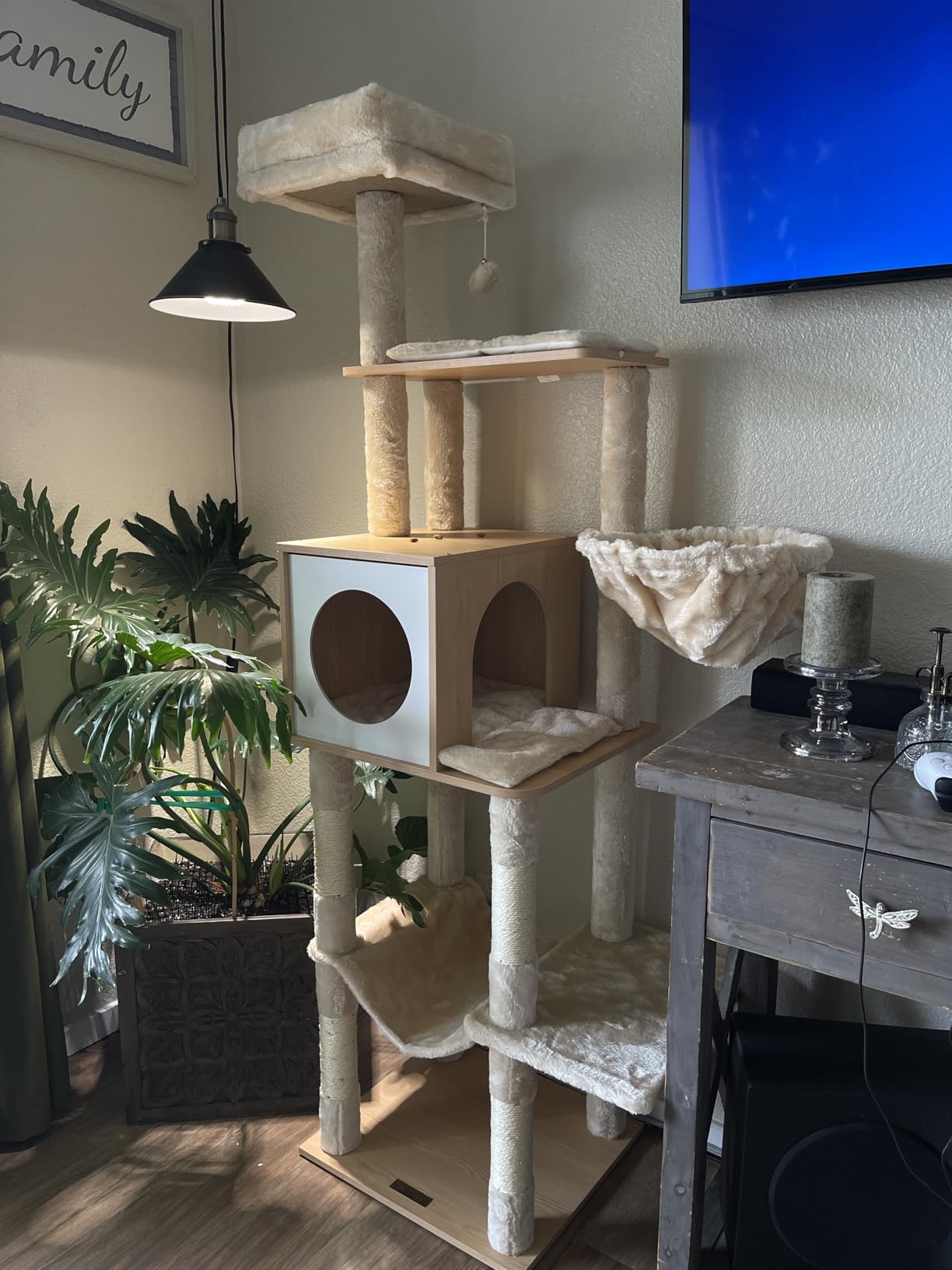 Feandrea Cat Tree, 65-Inch Tall Cat Tower, Multi-Level Condo with Cave, Basket, Hammock, Pompom, Scratching Posts, Almond Yellow UPCT118Y01 customer photo 1