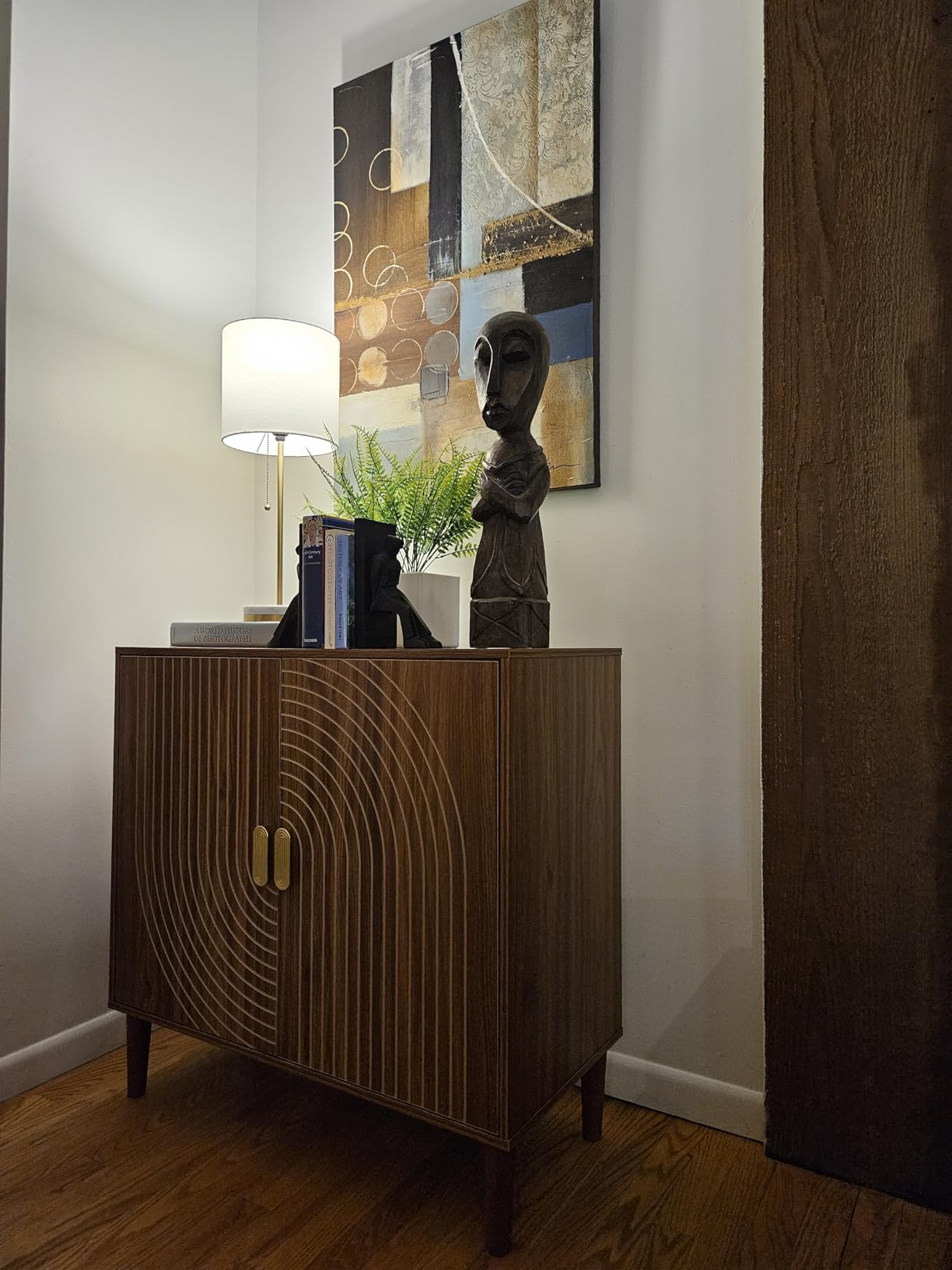Smuxee Walnut Sideboard Cabinet, Freestanding Buffet Cabinet with Line Groove Design, Wood Storage Cabinet with Adjustable Shelf for Living Room, Entryway, Hallway customer photo 2