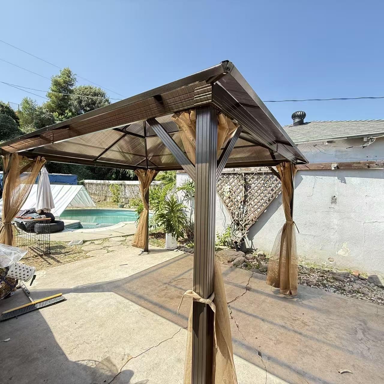 Aoxun 12'x10' Hardtop Gazebo, Aluminum Frame Permanent Pavilion with Curtains and Netting, Outdoor Polycarbonate Double Roof Canopy, Designed for Garden, Lawns, Patio, Brown customer photo 1