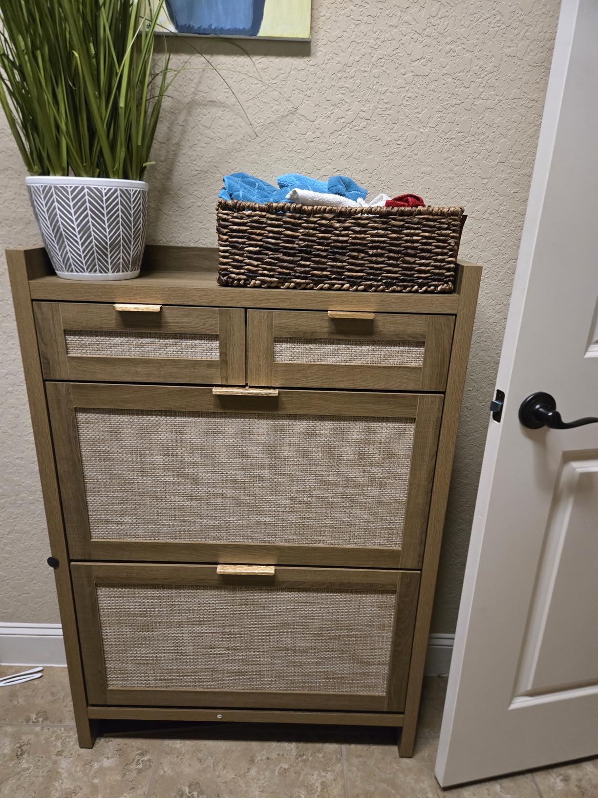 HOKYHOKY Rattan Shoe Storage Cabinet with 2 Drawers & 2 Flip Drawers - Hidden Slim Shoe Organizer for Entryway, Large Tabletop Space, Farmhouse Boho Narrow Shoe Rack, Rustic Oak customer photo 1