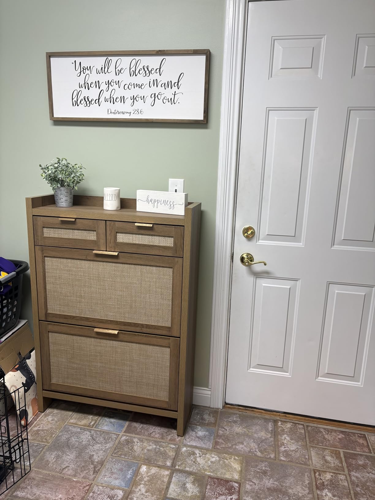 HOKYHOKY Rattan Shoe Storage Cabinet with 2 Drawers & 2 Flip Drawers - Hidden Slim Shoe Organizer for Entryway, Large Tabletop Space, Farmhouse Boho Narrow Shoe Rack, Rustic Oak customer photo 2