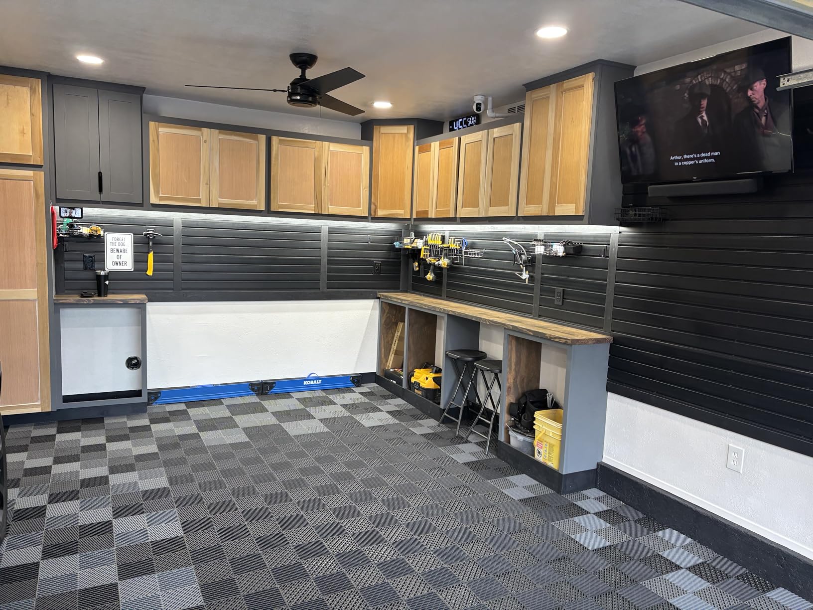 FRAYSCENT Slat Wall Paneling Garage Slat Wall Storage Systems Slatwall Panels Power Tool Organizer Wall Mount, PVC Garage Storage & Organization Products Slate Board (Black, 4ft x 8ft with 15 Hooks) customer photo 2