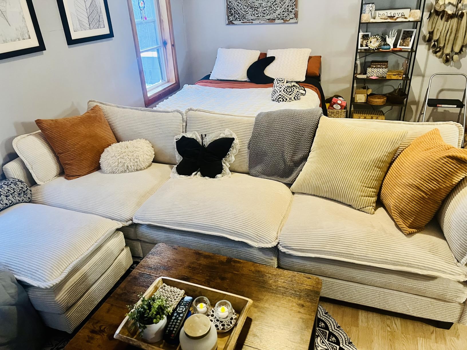 ROWHY 113'' Modular Sectional Cloud Couch, 5 Seater Corner Sofa Big Comfy Corduroy Oversized L Shaped Couch with 2 Pillows, Chaise, Ottoman, Deep Seat Sectional Couches for Living Room Office, Beige customer photo 1