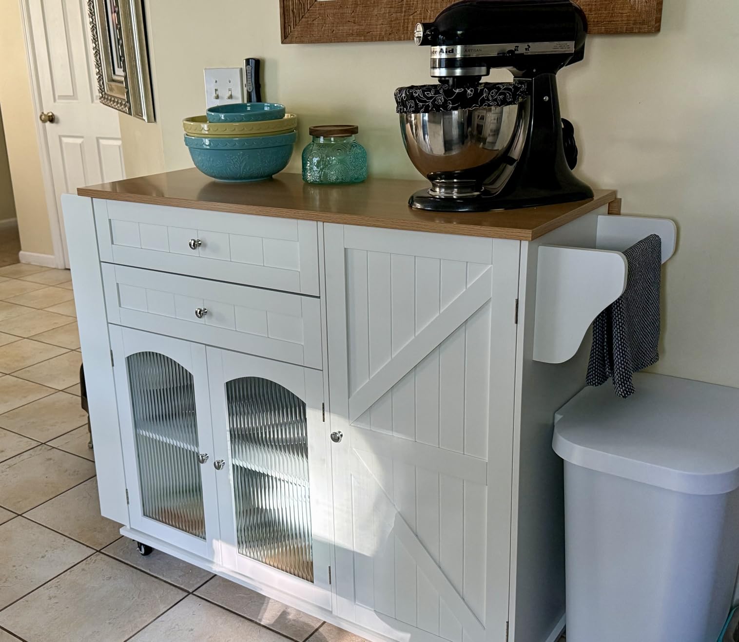 FINETONES Kitchen Island with Storage, Rolling Kitchen Island on Wheels with Wood Drop Leaf Countertop, Island Table Bar Cart with Spice Towel Rack Portable Kitchen Table Kitchen Carts on Wheels customer photo 2