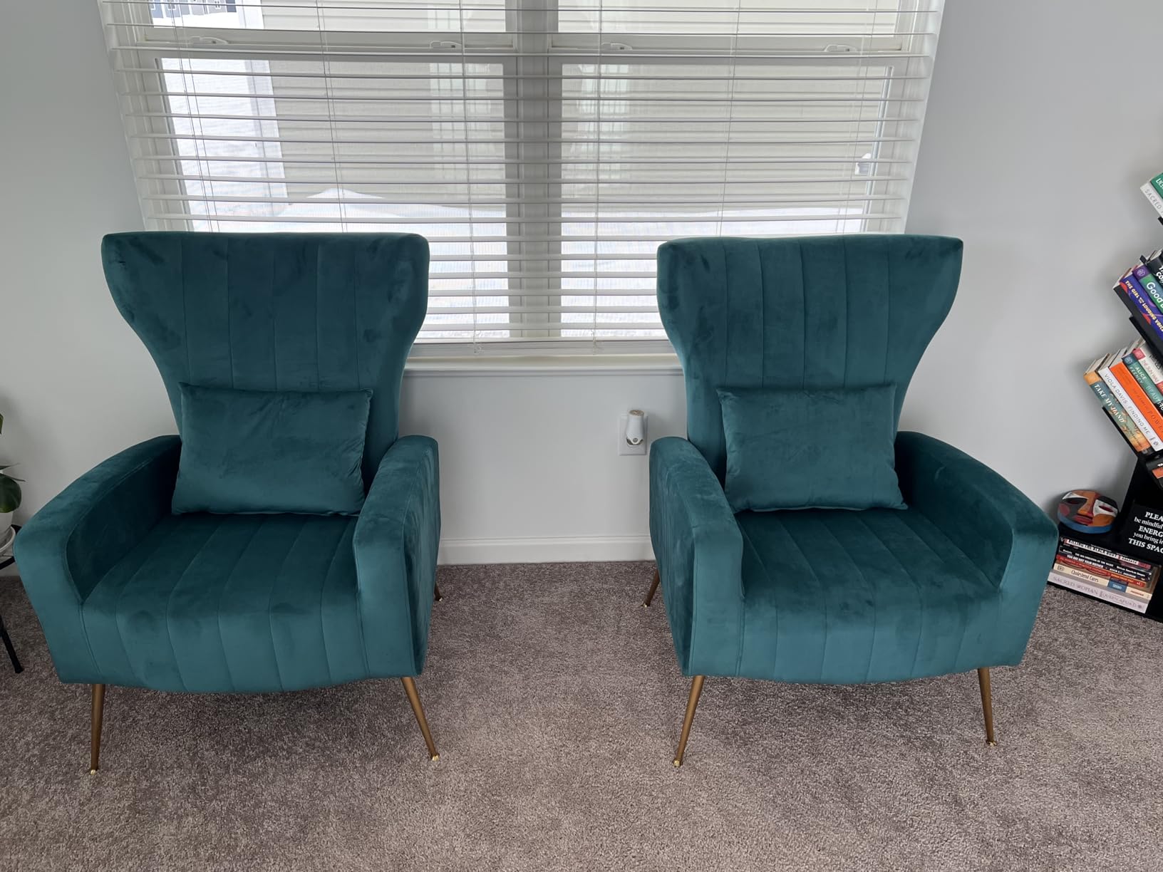 Velvet Accent Chair for Living Room, Mid-Century Arm Chair with High Wingback and Button-Tufted, Gold Side Chair for Bedroom, Lumbar Pillow Included, Green customer photo 2