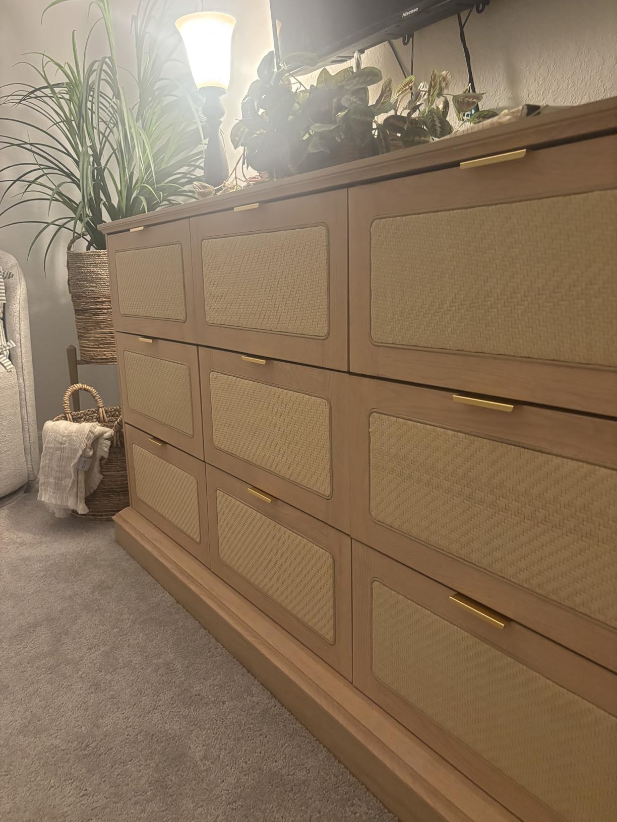 HUAHUU 9 Drawer Dresser for Bedroom, 60 Inch Long Dressers & Rattan Chest of Drawers, Large TV Stand for 55, 65, 70 Inch TV, Boho Style, Modern Dresser for Living Room, Entryway, Bedroom, Natural Oak customer photo 2