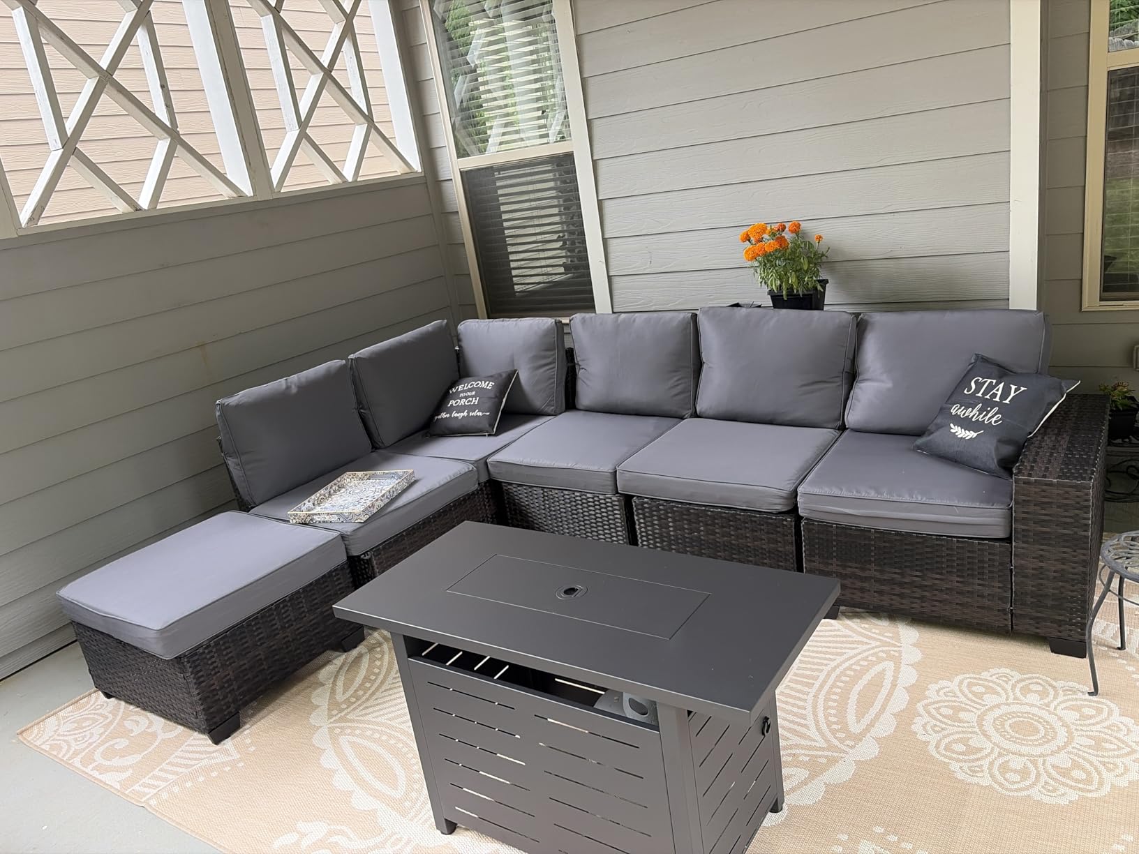 Patio Furniture Set, 6 Pieces Outdoor Couch Sofa with Wider Armrests & Glass Coffee Table, Outdoor Sectional Furniture with Thick Cushions for Party, Poolside,Garden-Beige customer photo 1