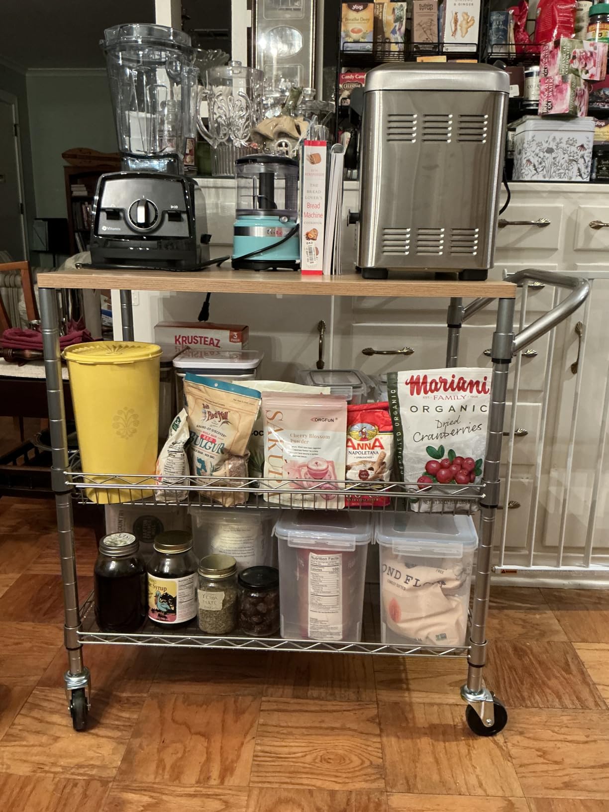 3 Tier Rolling Kitchen Carts on Wheels with Storage,650Lbs Heavy Duty Utility Carts with Wheels,Kitchen Island with Wood Tabletop,Metal Serving Rolling Cart for Small Appliance Food Cart,Wood+Metal customer photo 1