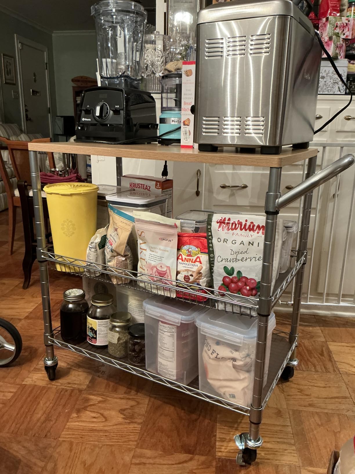 3 Tier Rolling Kitchen Carts on Wheels with Storage,650Lbs Heavy Duty Utility Carts with Wheels,Kitchen Island with Wood Tabletop,Metal Serving Rolling Cart for Small Appliance Food Cart,Wood+Metal customer photo 2