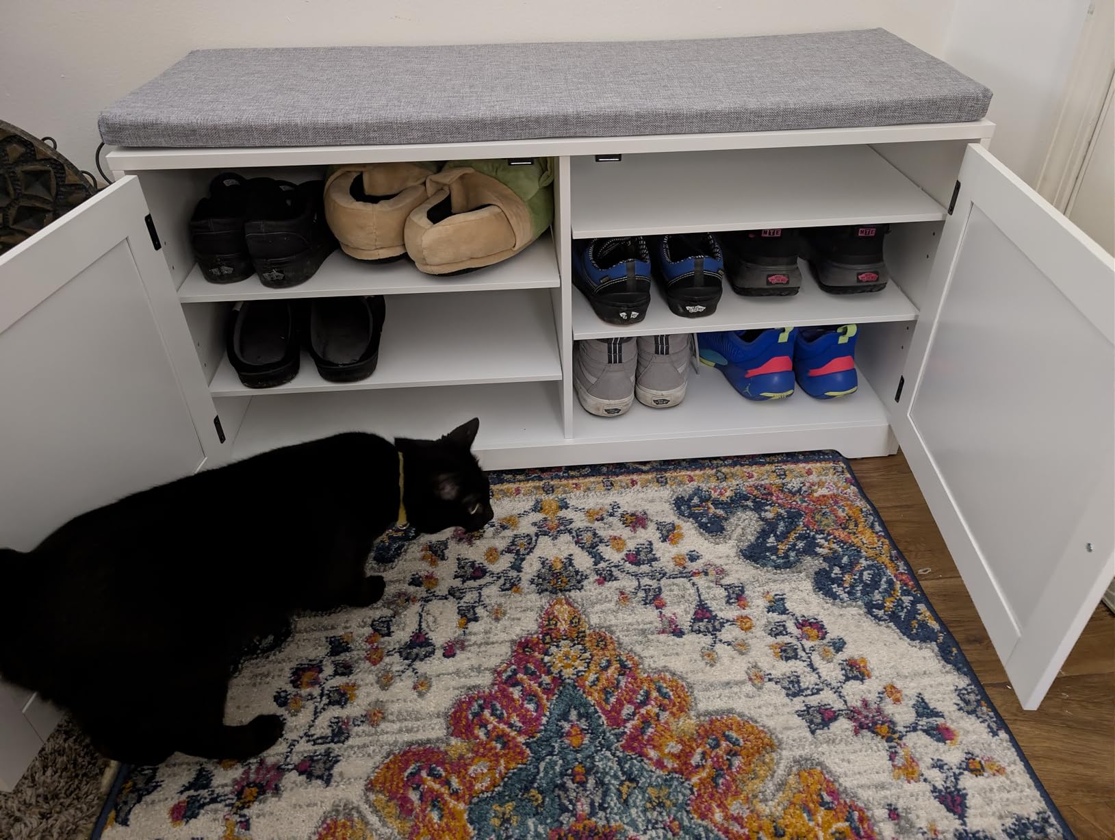 VASAGLE Shoe Storage Bench with Cushion, 3-Tier Entryway Bench with Padded Seat, Doors, Adjustable Shelves, 14 x 39.8 x 20.7 Inches, Hallway, Bedroom, Heather Greige and Cappuccino Beige ULSB044L01 customer photo 1