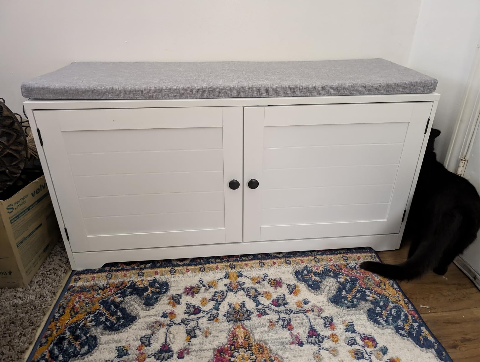 VASAGLE Shoe Storage Bench with Cushion, 3-Tier Entryway Bench with Padded Seat, Doors, Adjustable Shelves, 14 x 39.8 x 20.7 Inches, Hallway, Bedroom, Heather Greige and Cappuccino Beige ULSB044L01 customer photo 2