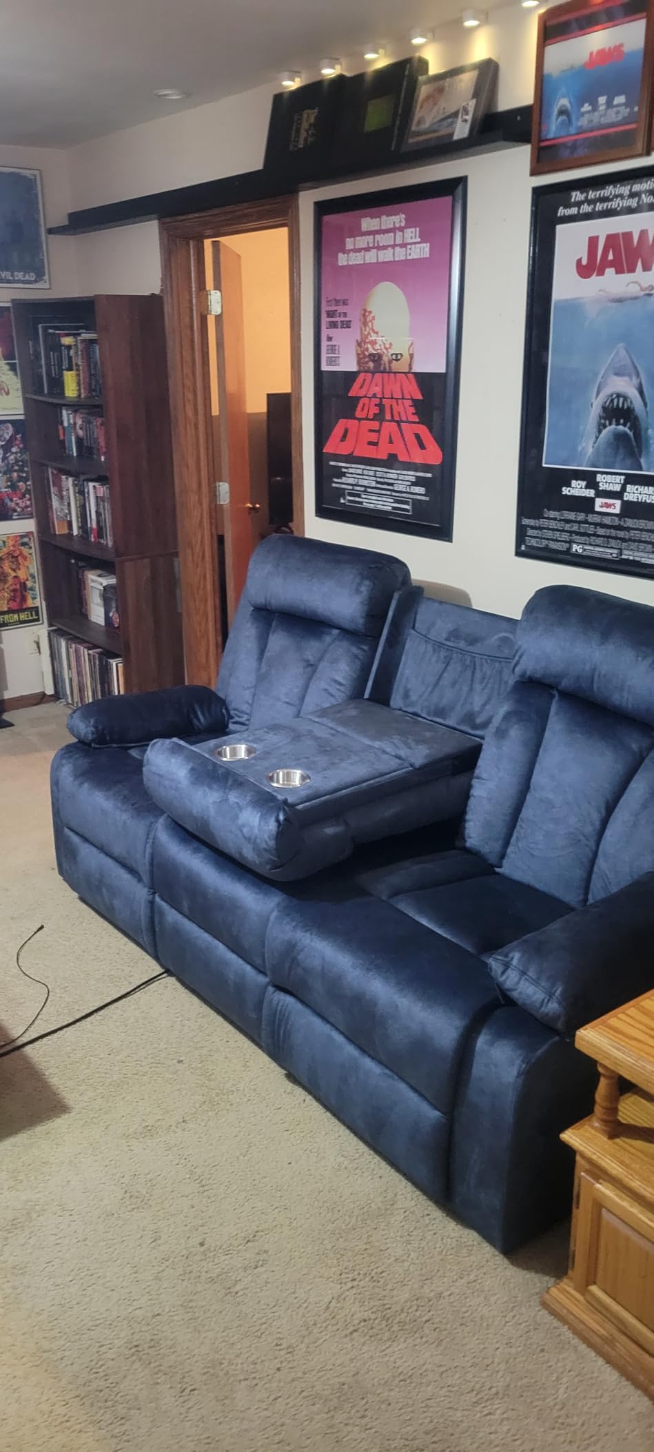 Power Reclining Sofa with Heat and Massage, Electric Reclining Couch with Drop Down Table,Cup Holders, Dual Ports, Wall Hugger Recliner Sofa for Living Room,Home Theater (Blue, Sofa) customer photo 1