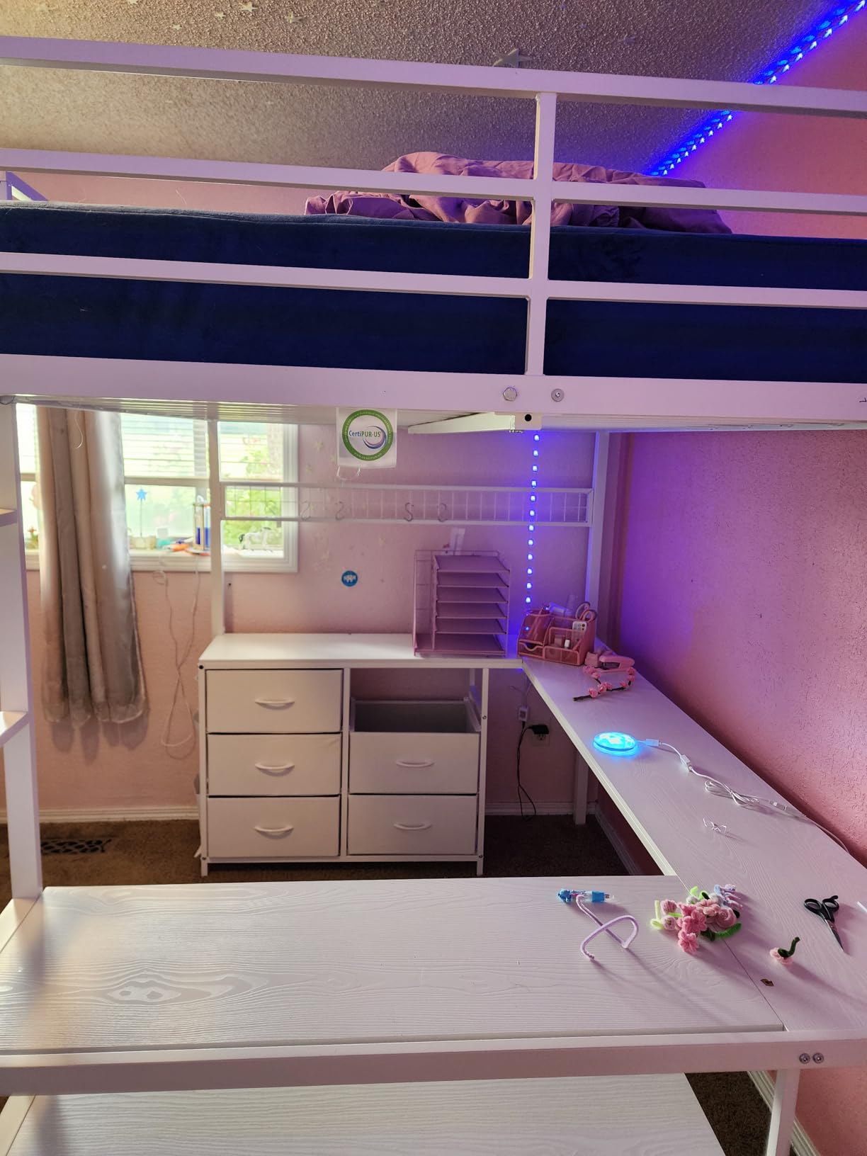 ADORNEVE Loft Bed Full Size with U-Shaped Desk, 6 Storage Drawers, Power Outlet, LED Metal Loft Bed with 2 Storage Shelves, Safety Guardrail & Ladders, White customer photo 1