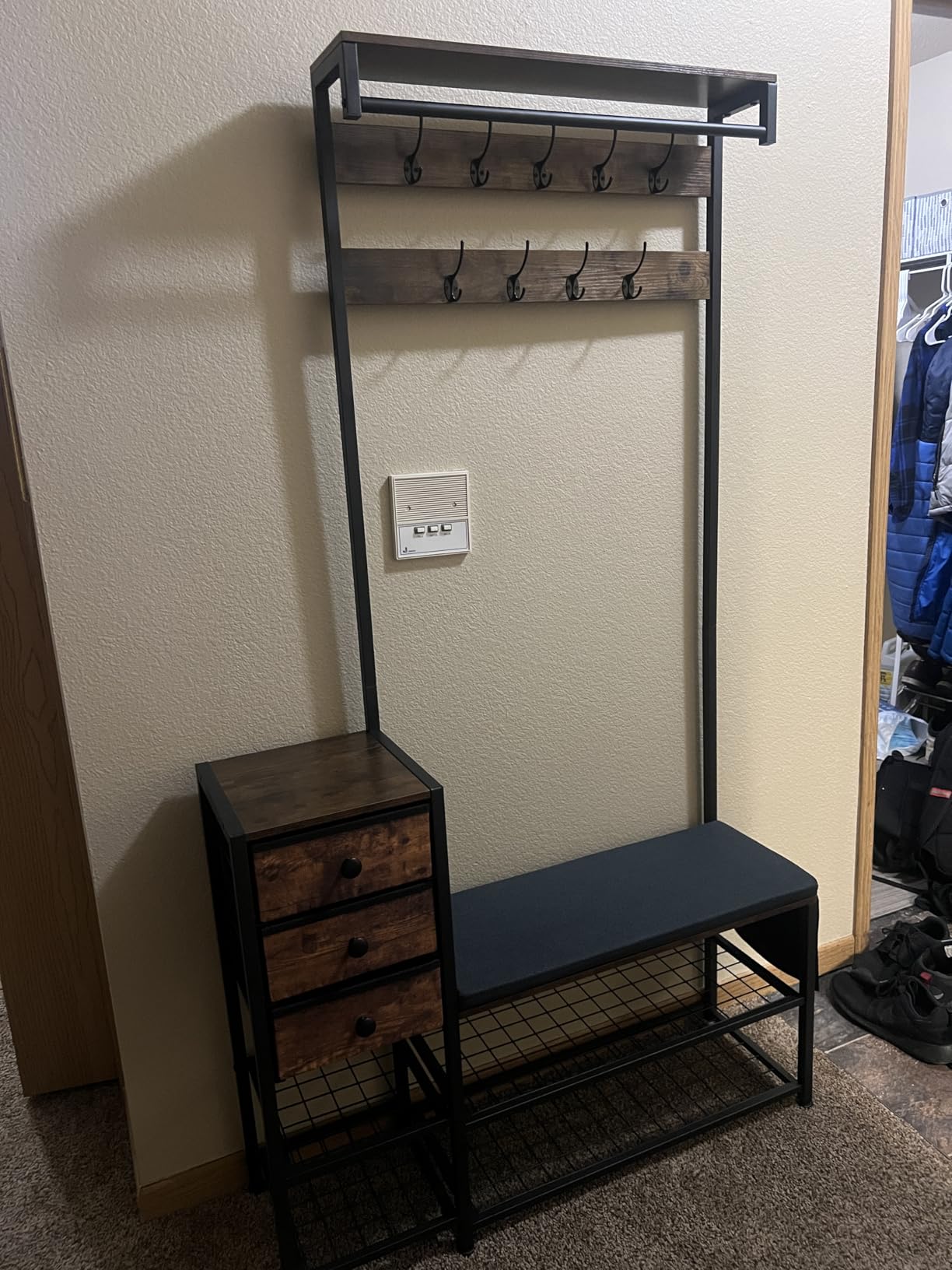 Itaar Coat Rack, Hall Tree with Bench and Shoe Storage, 7-in-1 Entryway Bench with Soft Cushion, Storage Bag, 3 Fabric Drawers(Rustic Brown) customer photo 2