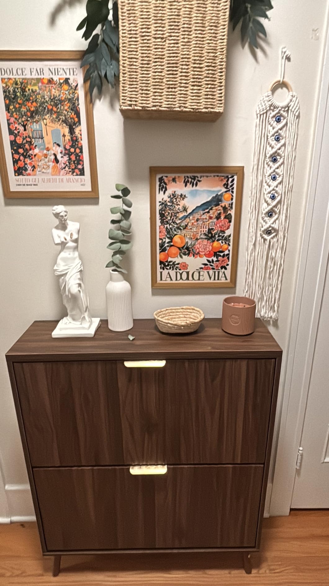 Shoe Cabinet Storage, Modern Freestanding Organizer with 2 Flip Drawers, Narrow Shoe Rack for Entryway, Walnut customer photo 1