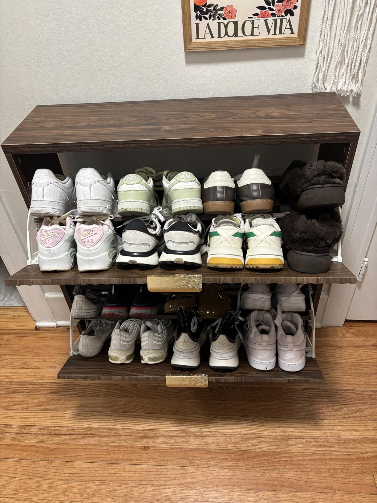 Shoe Cabinet Storage, Modern Freestanding Organizer with 2 Flip Drawers, Narrow Shoe Rack for Entryway, Walnut customer photo 2