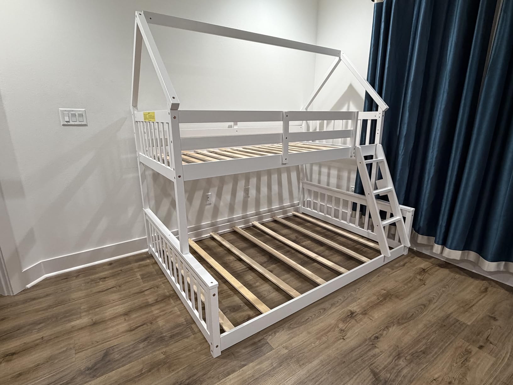 KOMFOTT Wood Twin Over Twin Bunk Bed with Slide & Staircase, Twin House Bunk Bed with Safety Guardrails & Storage, Floor House Bed with Wooden Slat Support for Boys Girls, No Box Spring Needed (Grey) customer photo 1
