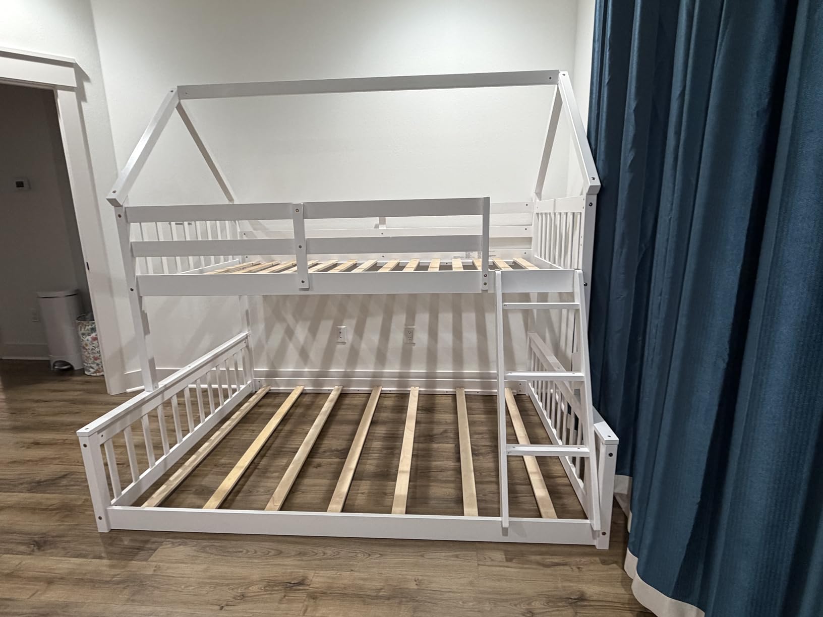 KOMFOTT Wood Twin Over Twin Bunk Bed with Slide & Staircase, Twin House Bunk Bed with Safety Guardrails & Storage, Floor House Bed with Wooden Slat Support for Boys Girls, No Box Spring Needed (Grey) customer photo 2