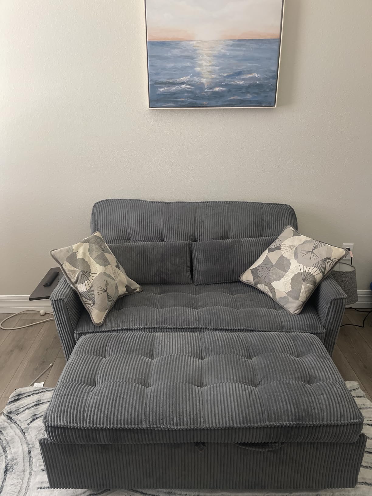 Sleeper Sofa Bed, 54'' Convertible Pull Out Couch with Small Table, USB Port, Side Pockets, Corduroy Fabric customer photo 1