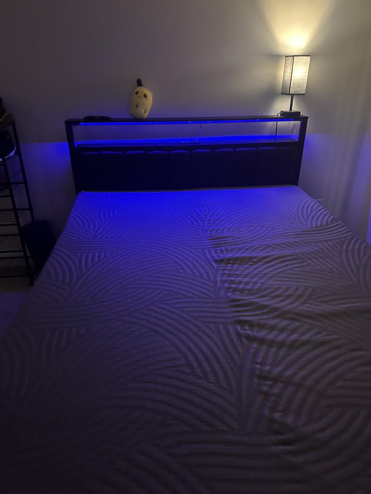 Furnulem Queen Bed Frame with Charging Station and LED Lights, Grey Upholstered Headboard with Shelves, Metal Platform Bed with 2 Under-Bed Storage (Fabric Drawer on Wheels), No Box Spring Needed customer photo 1