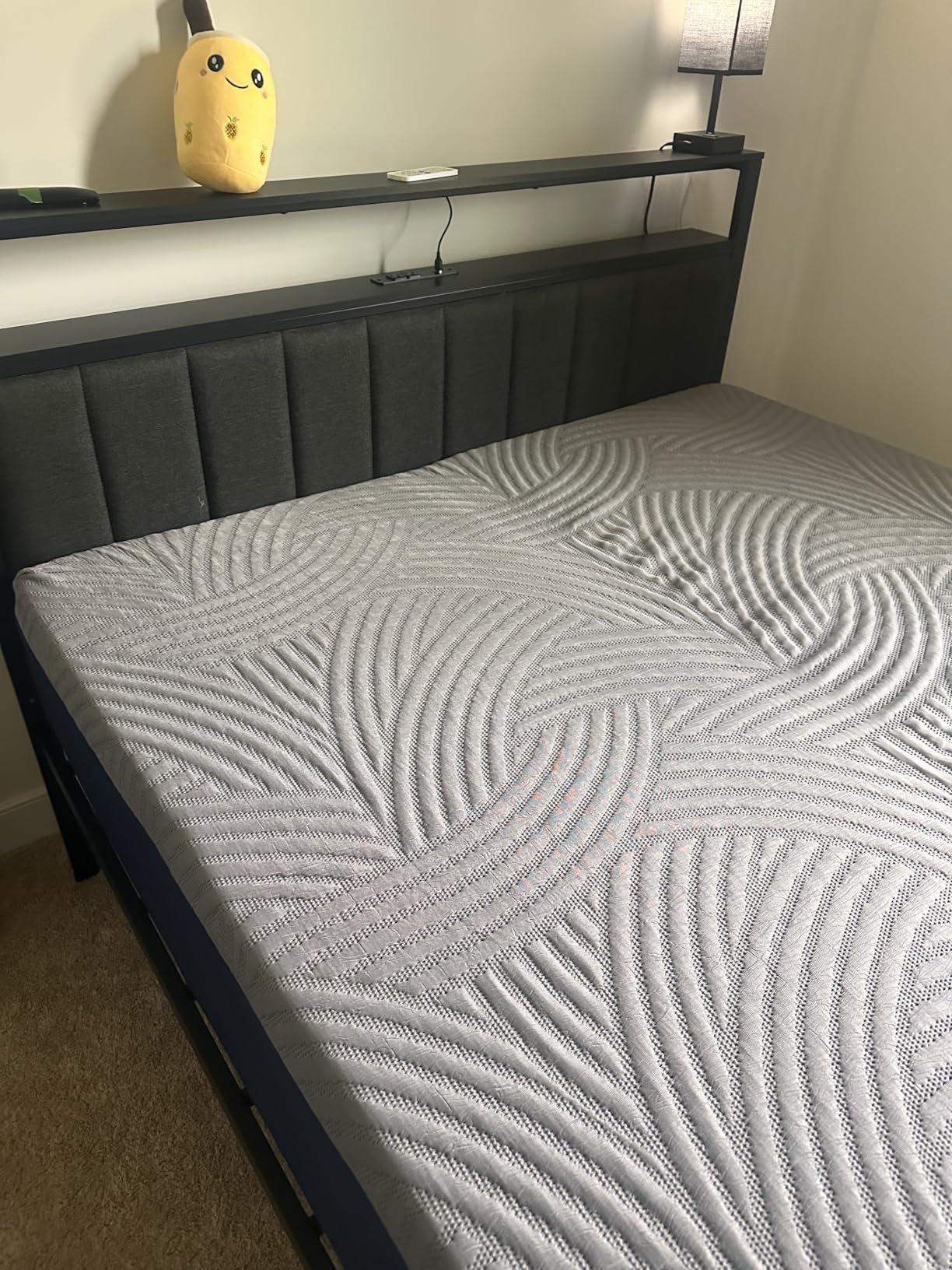 Furnulem Queen Bed Frame with Charging Station and LED Lights, Grey Upholstered Headboard with Shelves, Metal Platform Bed with 2 Under-Bed Storage (Fabric Drawer on Wheels), No Box Spring Needed customer photo 2