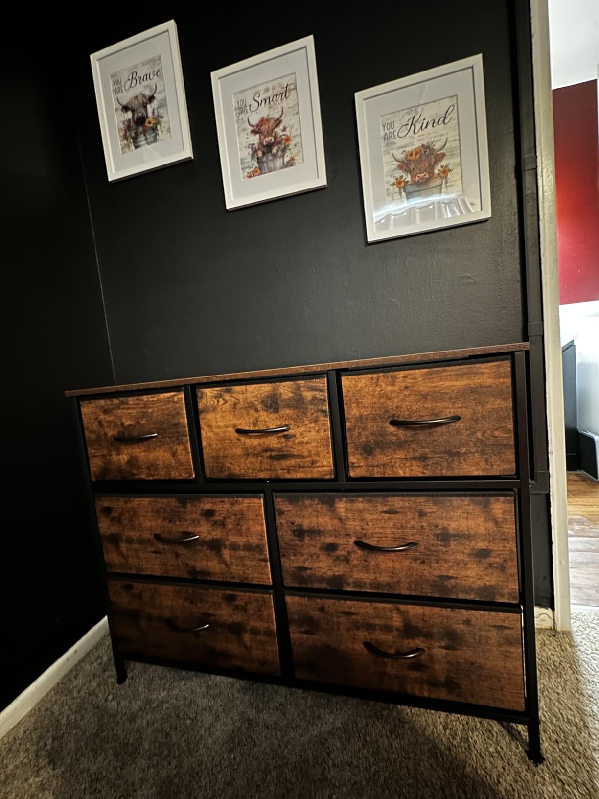 Sweetcrispy 7 Drawer Dresser with Fabric Bins Fabric Storage Tower Organizer for Bedroom Closet Hallway Entryway Tall Chest of Drawers with Steel Frame Wood Top Easy Pull Handles, Rustic Brown customer photo 1