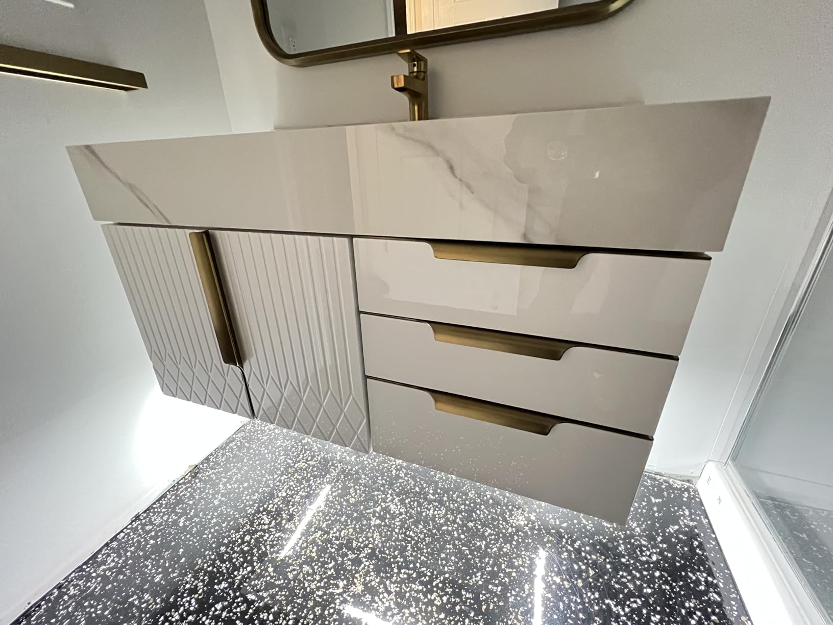 homary 60 inch Floating Bathroom Vanity with Double Sink, Modern Sintered Stone Top, Ample Storage for Master Bathroom, White customer photo 2