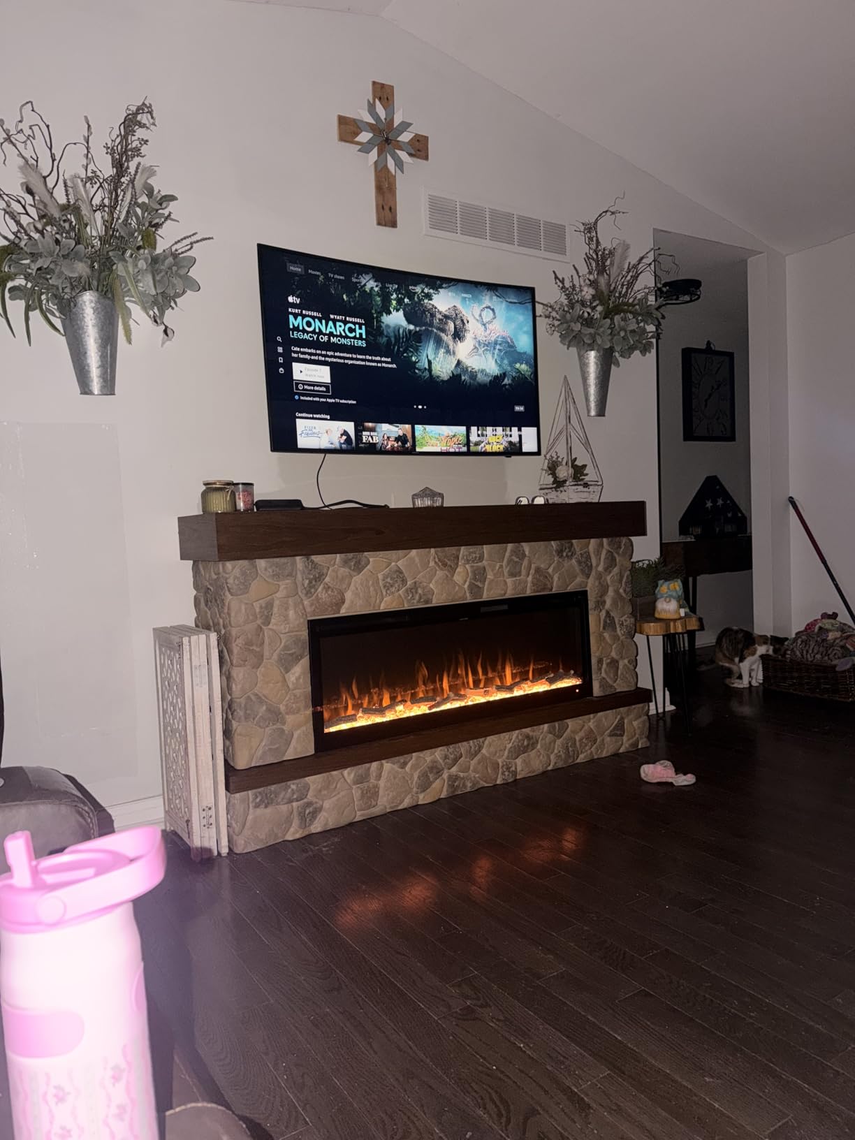 Country Living Brookstone 74 Inch Smart Electric Fireplace Mantel Package | 50 Inch Firebox Insert Heater with Remote | Warm Walnut Shelving | Multi-Color Flames | Alexa/WiFi Enabled customer photo 1